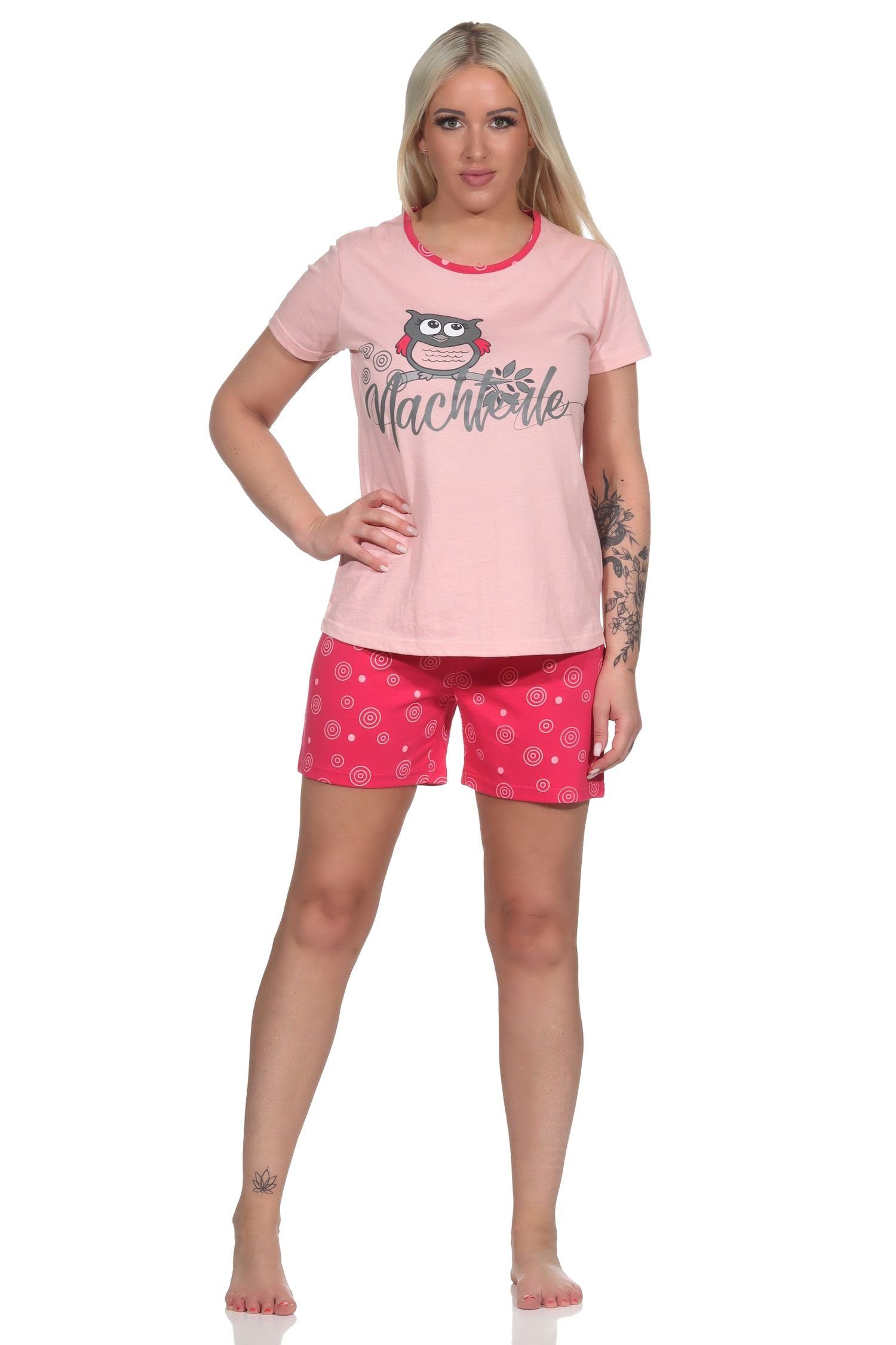Normann Pyjama Süßer Damen Shorty Schlafanzug kurzarm mit Eulen-Motiv und Punkten rosa