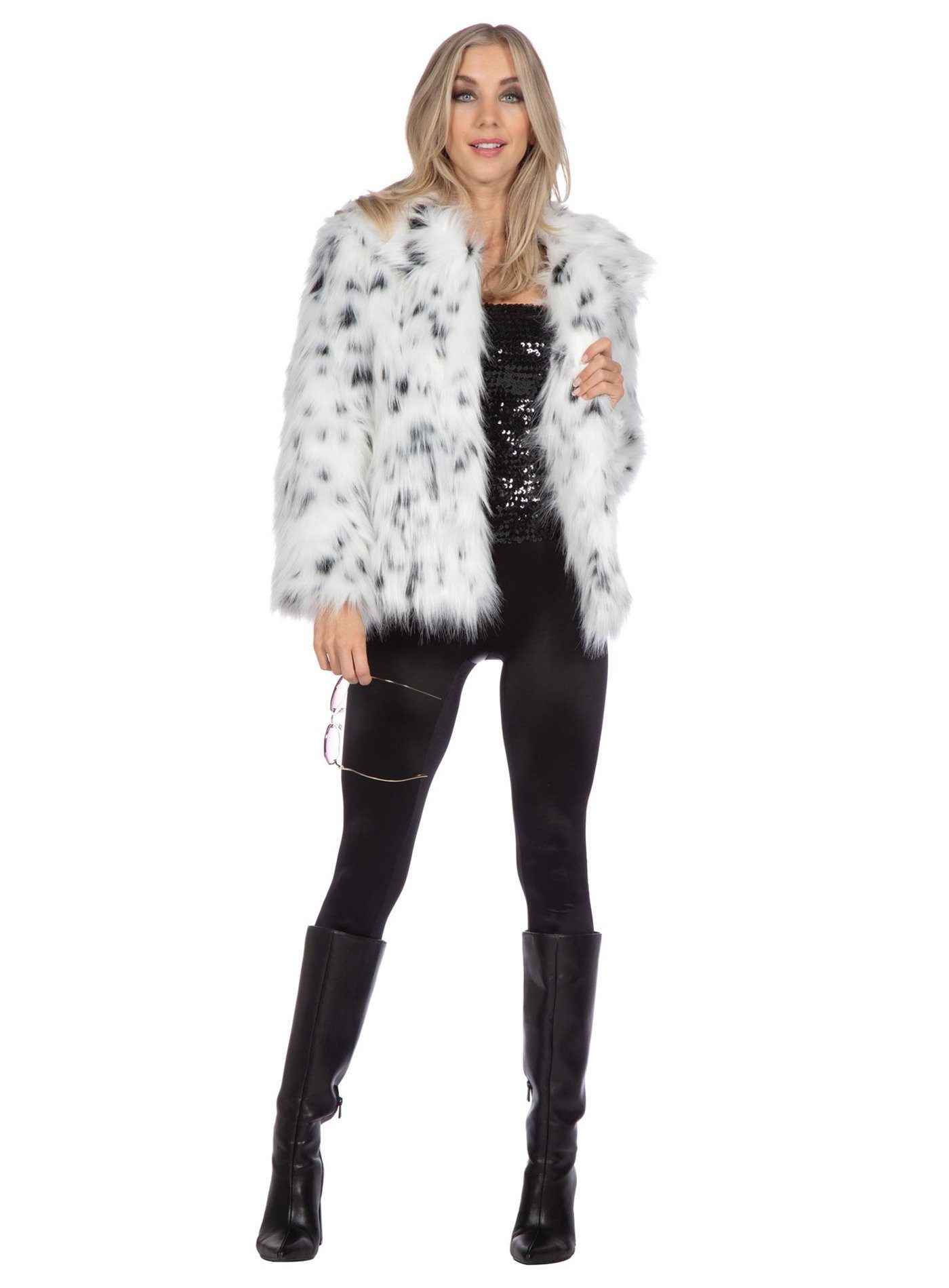 Metamorph Kostüm Weiße Kunstfelljacke mit schwarzen Flecken, Langhaar Dalmatiner-Jacke für Cruella-Nachahmer