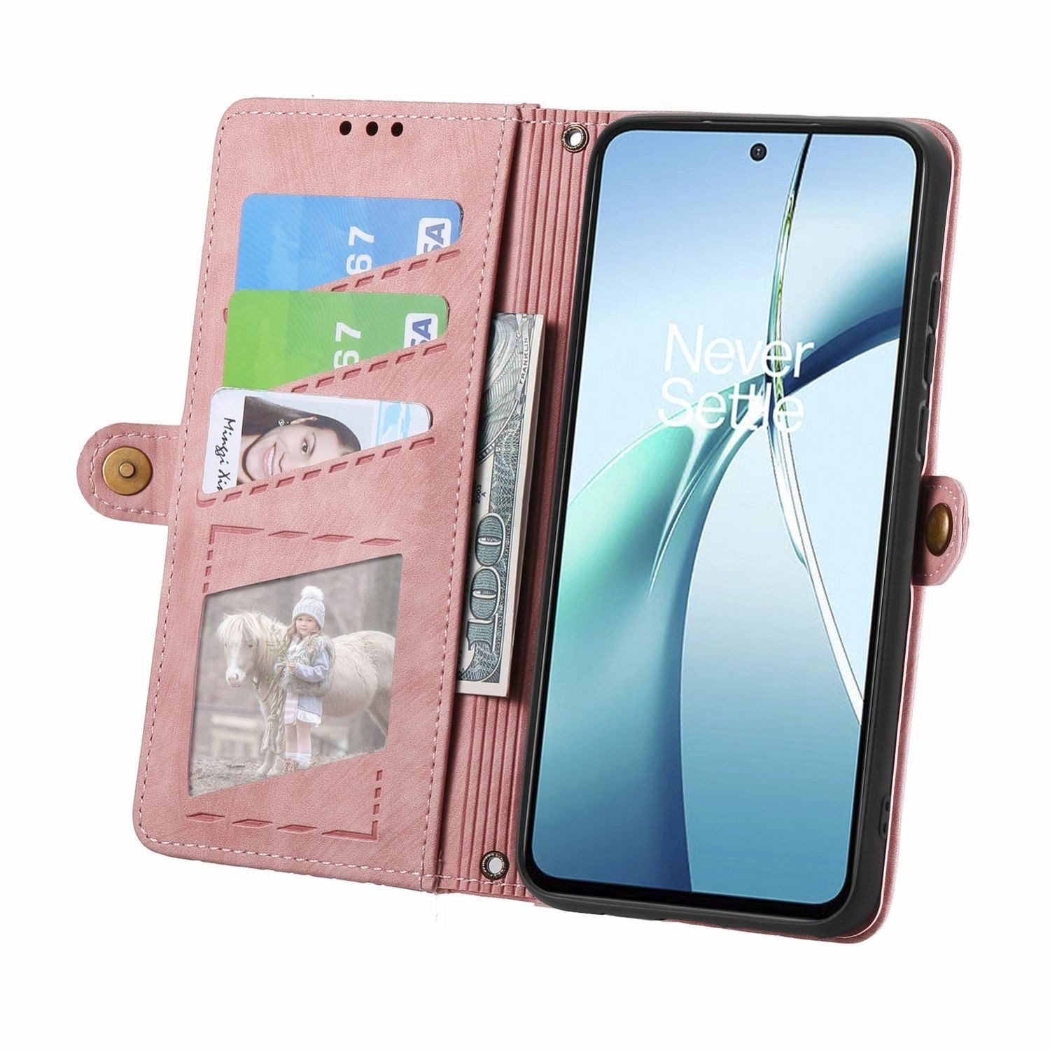 Wigento Handyhülle Für ZTE Blade A75 4G Design Kunstleder Zipper Book Wallet Tasche Rosa, Kartenfächer, Reißverschlussfach, Standfunktion