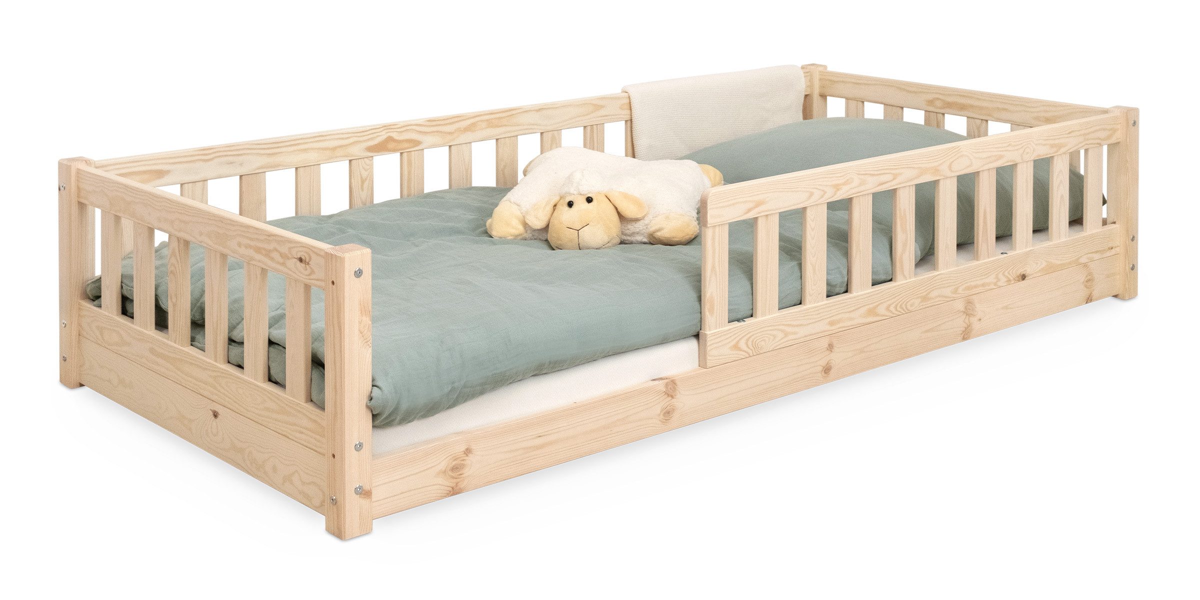 Kinderbett Bodenbett aus aus massivem Kiefernholz mit Rausfallschutz