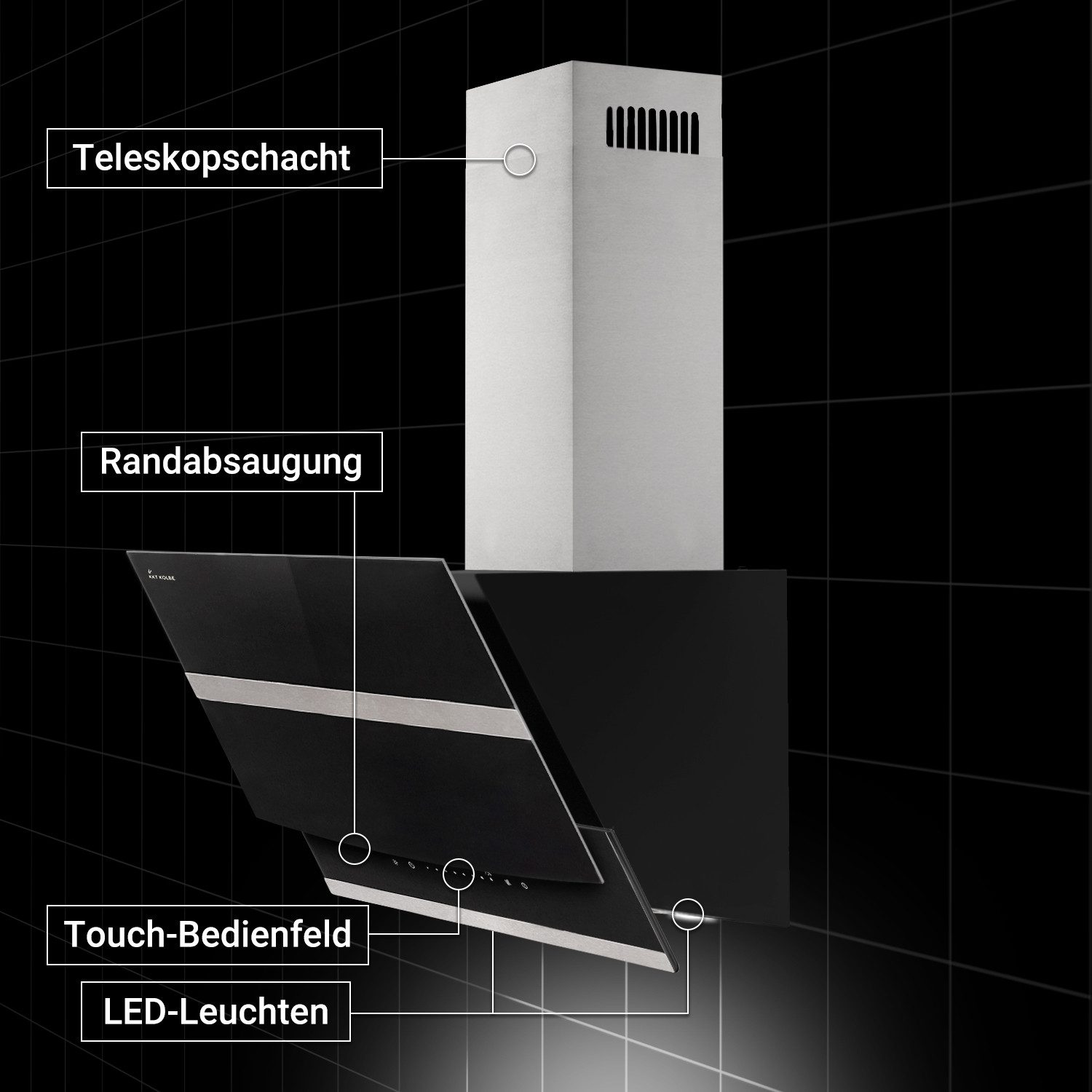 KKT KOLBE Wandhaube Dunstabzugshaube 90cm HERMES9005S Dunstabzugshaube 90cm HERMES9005S, Kopffreihaube / 90cm / Edelstahl / schwarzes Glas / LED / Sensortasten