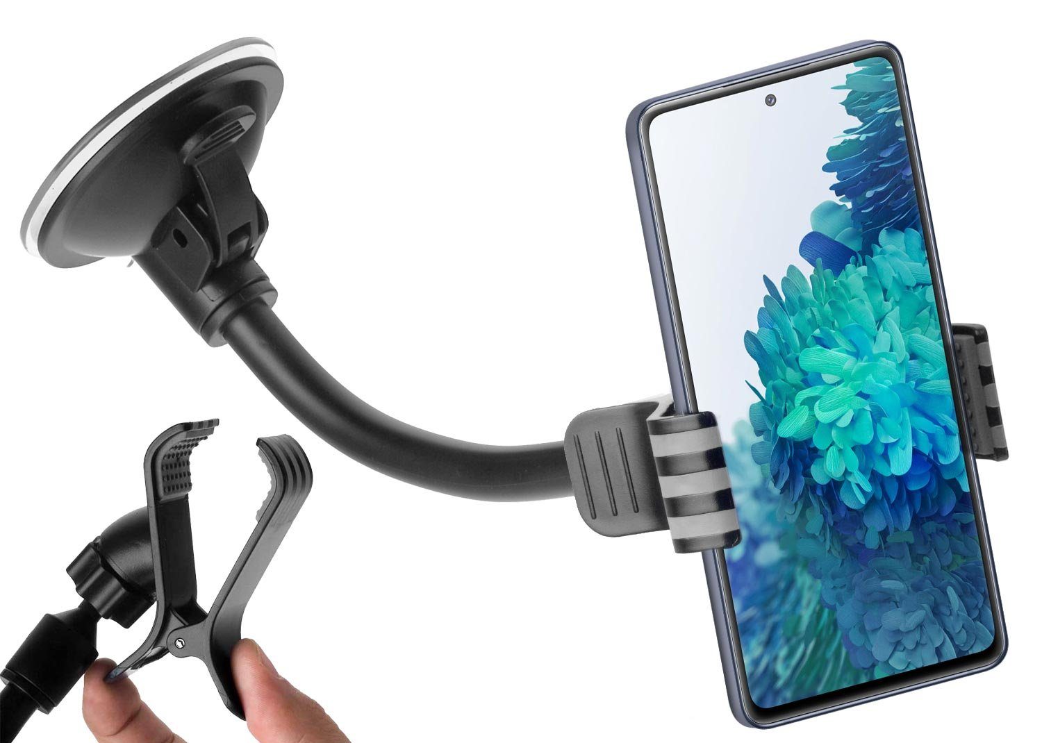 yayago Handy-Halterung Universal KFZ Handy Smartphone Halterung mit Saugnapf + Klemme, (Set, Set, Für alle Handys Smartphones mit einer Breite bis zu 10cm Case  – Bild 3 von 5