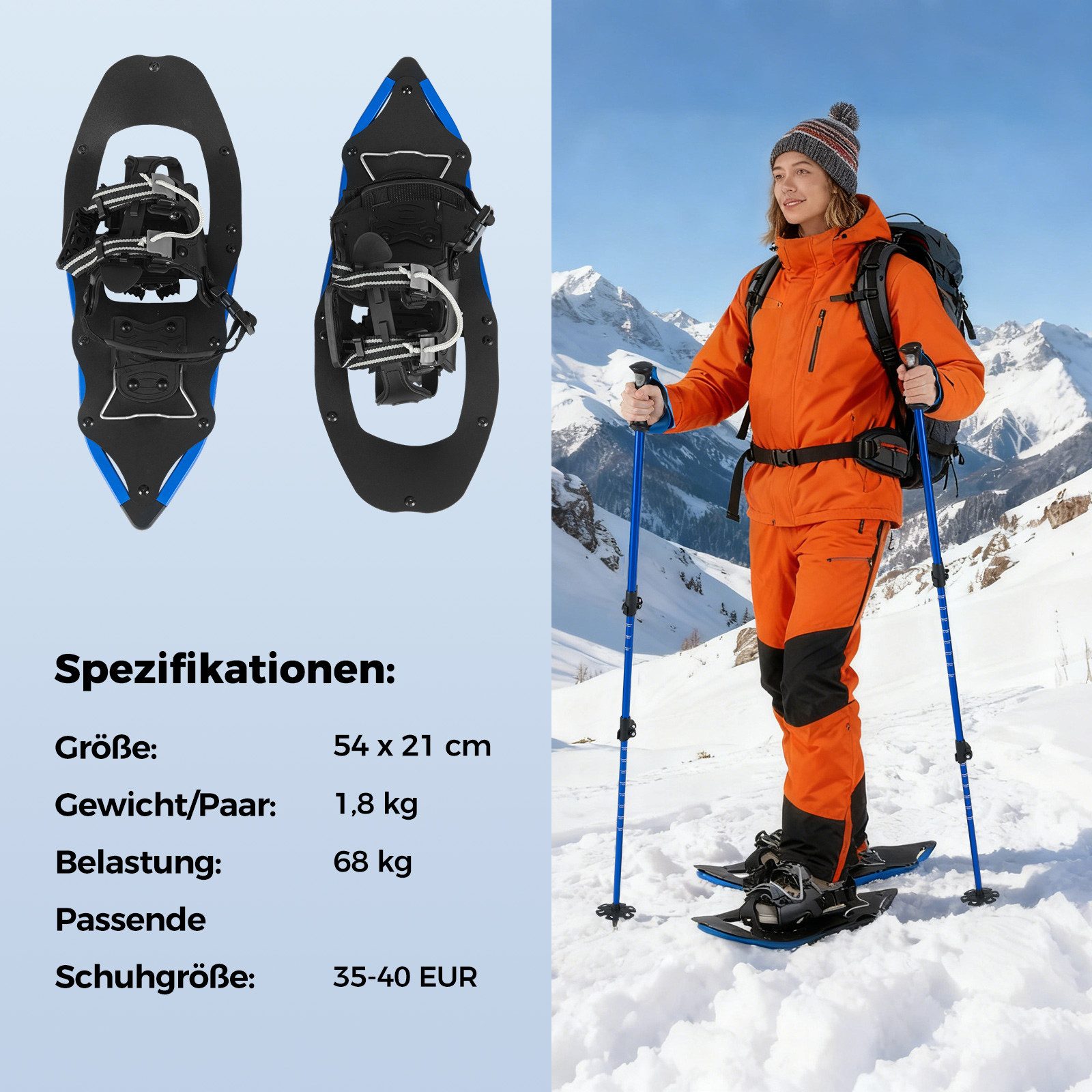 COSTWAY Schneeschuhe, mit Trekkingstöcken, Schuhgröße 35-40 bis 68kg