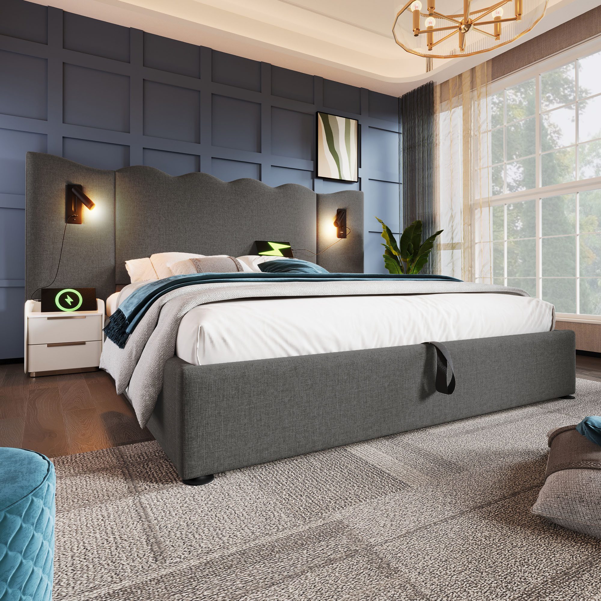Celya Polsterbett Doppelbett mit Leselampe und USB Type-C Ladefunktion (ohne Matratze, 180×200, mit Lattenrost), Geeignet für Schlafzimmer, Jugendzimmer und Gästezimmer