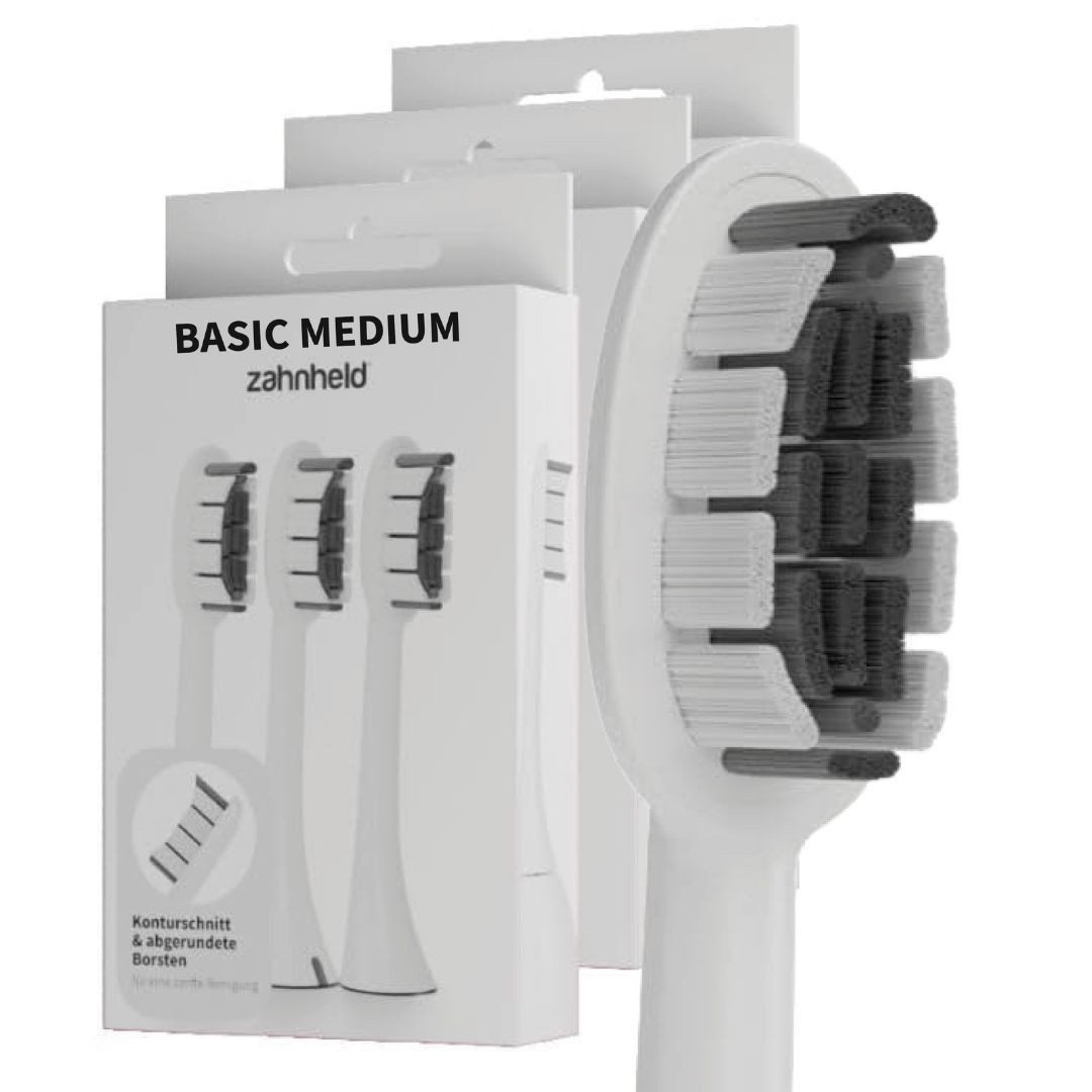 Zahnheld Aufsteckbürsten Ersatzbürsten Basic Medium - ideal für Schallzahnbürste Gero, im 3er, 6er oder 9er Set, Zahnpflege Set, mittelharte Wechselköpfe, plastikfrei verpackt, 9 Stück, weiß