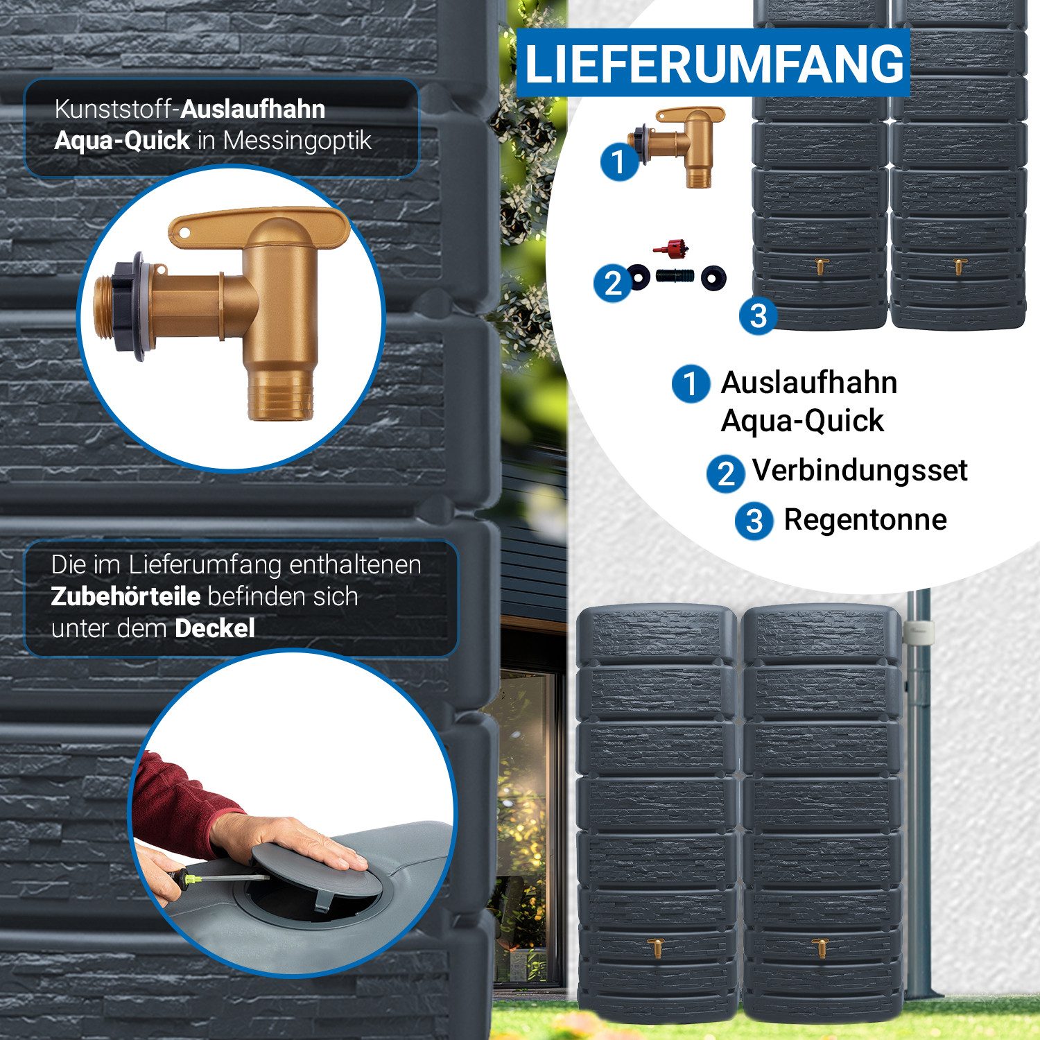 4rain Regentonne SLIM STONE DECOR Wandtank-Set 1000 L graphite grey, 1000 l – Bild 4 von 5