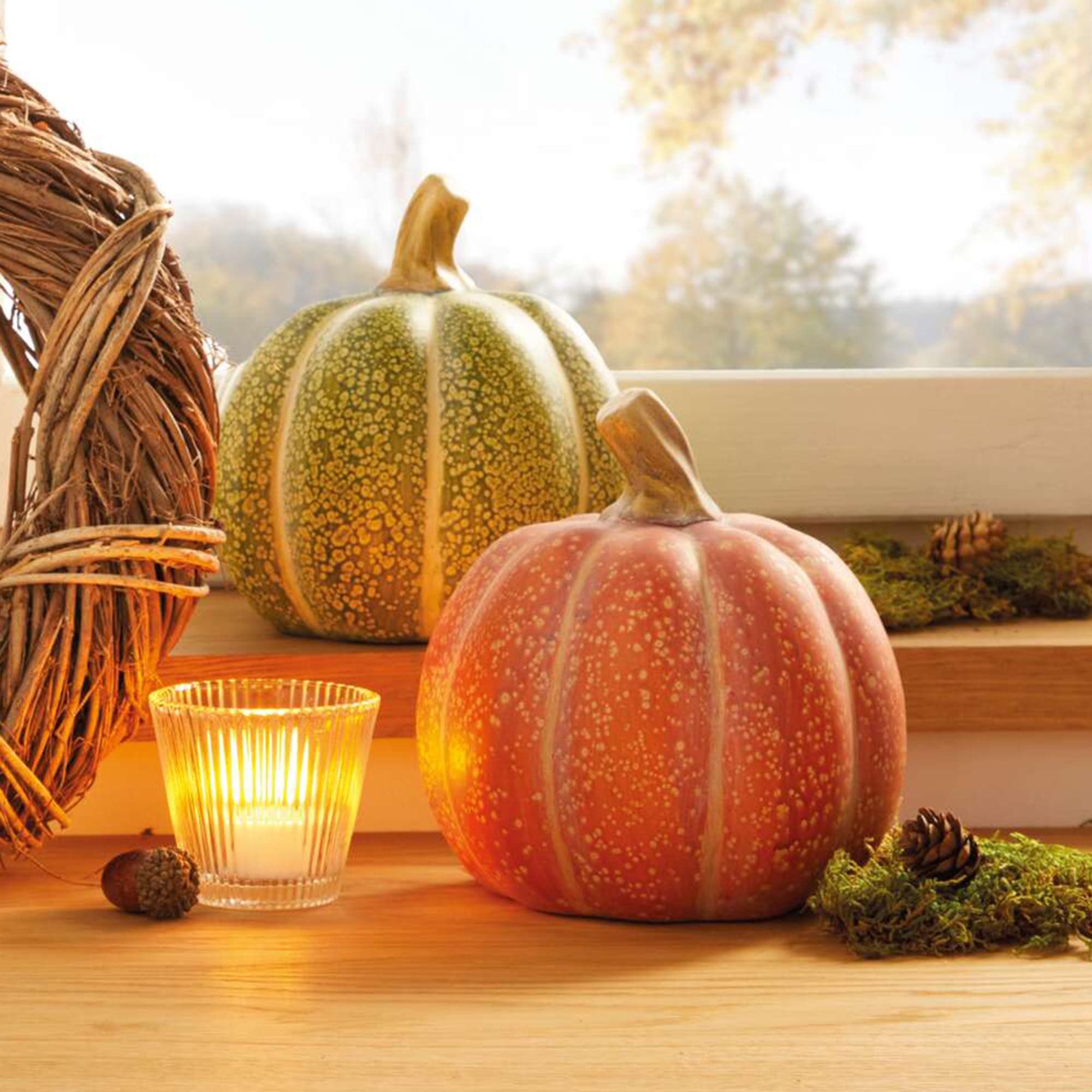 Dekoleidenschaft Dekofigur "Kürbis" Terracotta Dekokürbis, Halloweendeko, Zierkürbis Ø 16 cm (2 St., im Set), Halloween Deko in orange & grün, Herbstdeko – Bild 3 von 3