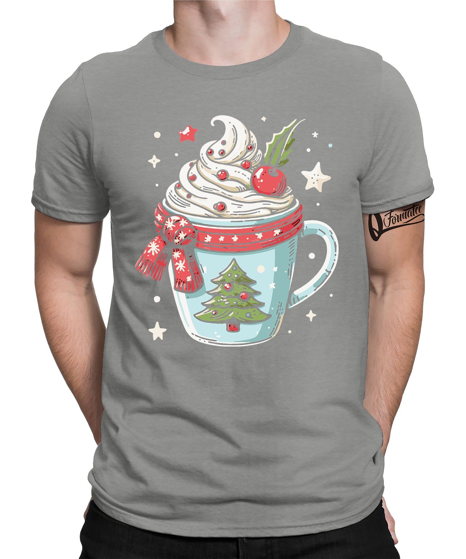 Herren Weihnachten (1-tlg) Grau Formatee Schokolade Kurzarmshirt Quattro Heather - Heiße Weihnachtsgeschenk T-Shirt X-mas