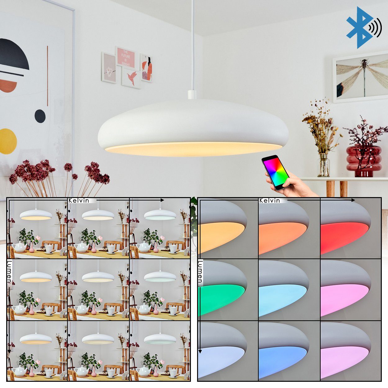 hofstein Hängeleuchte »Fiumedinisi« dimmbare Pendellampe aus Metall in Weiß, CCT 2700-6500 Kelvin, Hängelampem.Fernbedienung,Steuerbar über Smart App,27 Watt,3400 Lumen