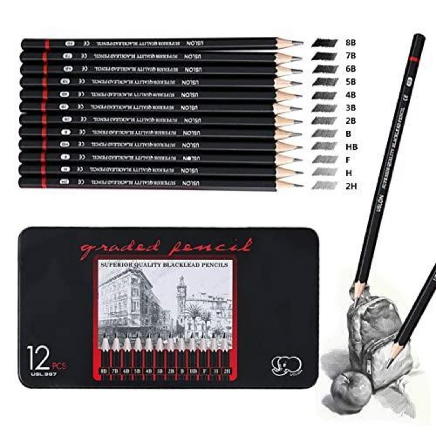 LuxusKollektion Bleistift Zeichenstift Set 12Stk Grafit Metallbox, (12-tlg)