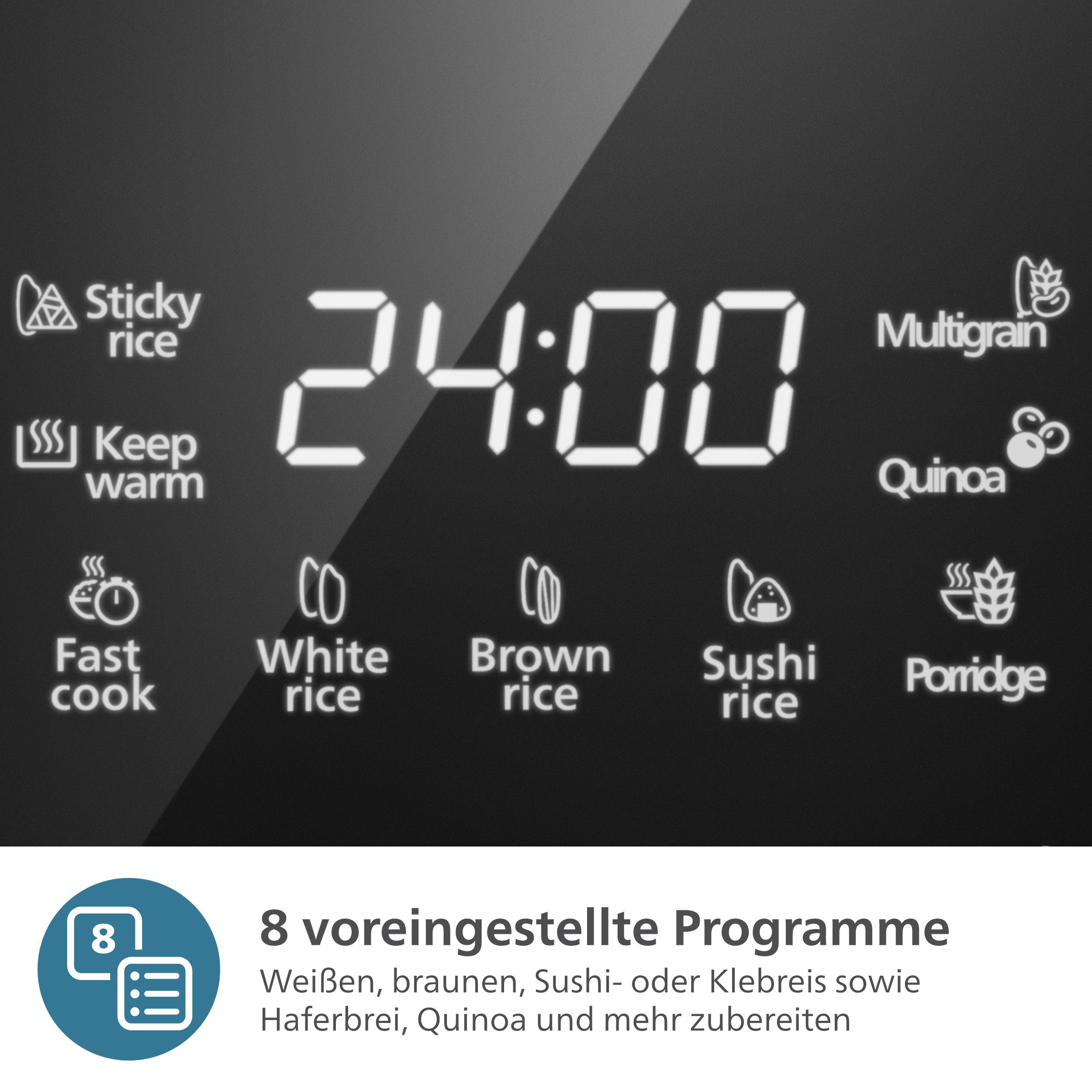 Philips Reiskocher Mini 3000 Series, für 1-3 Personen, mit 8 voreingestellten Programmen, 400 W, 0,54 l ungekochter Reis, Fast Cook-Modus u. Antihaft-Beschichtu – Bild 5 von 5