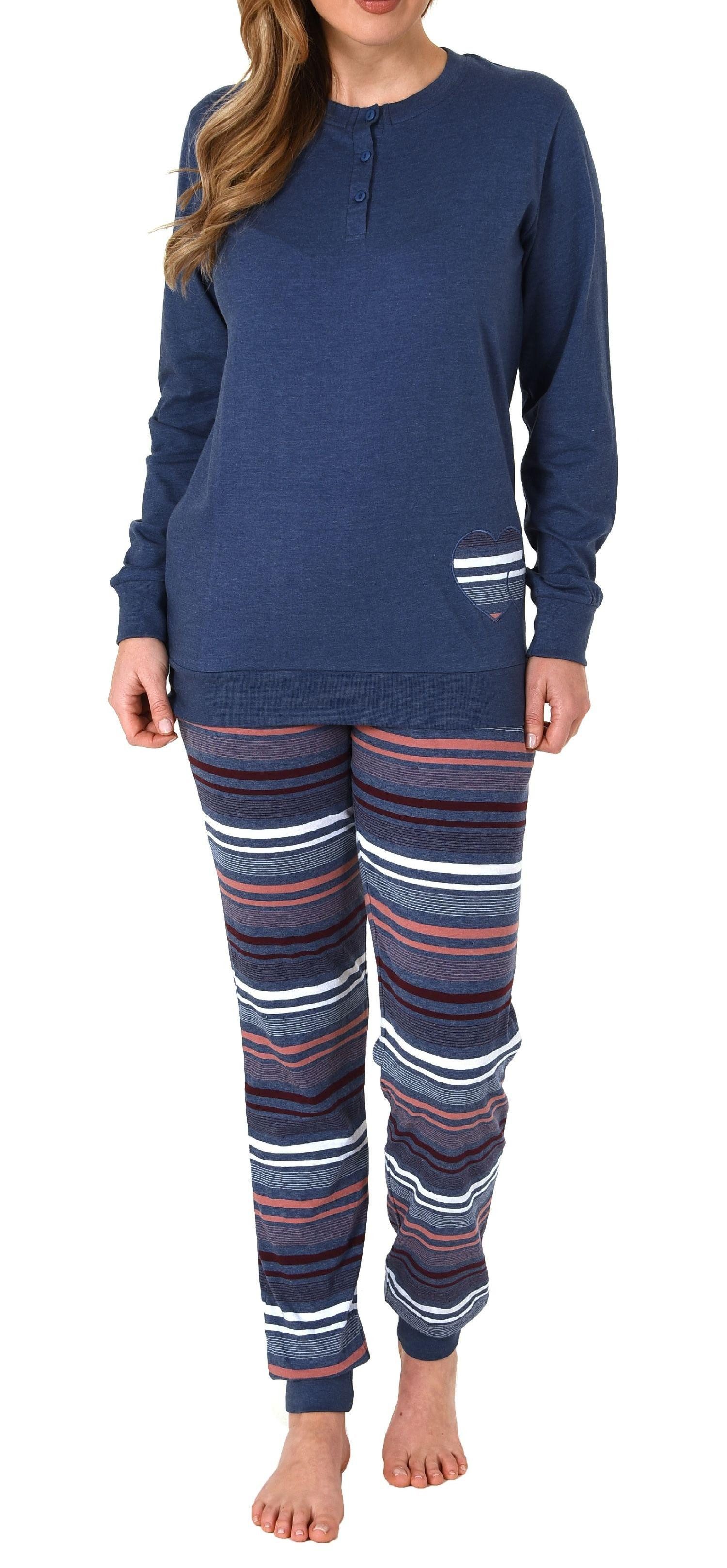 Pyjama Damen Pyjama mit Bündchen und gestreifter Hose + Herzmotiv