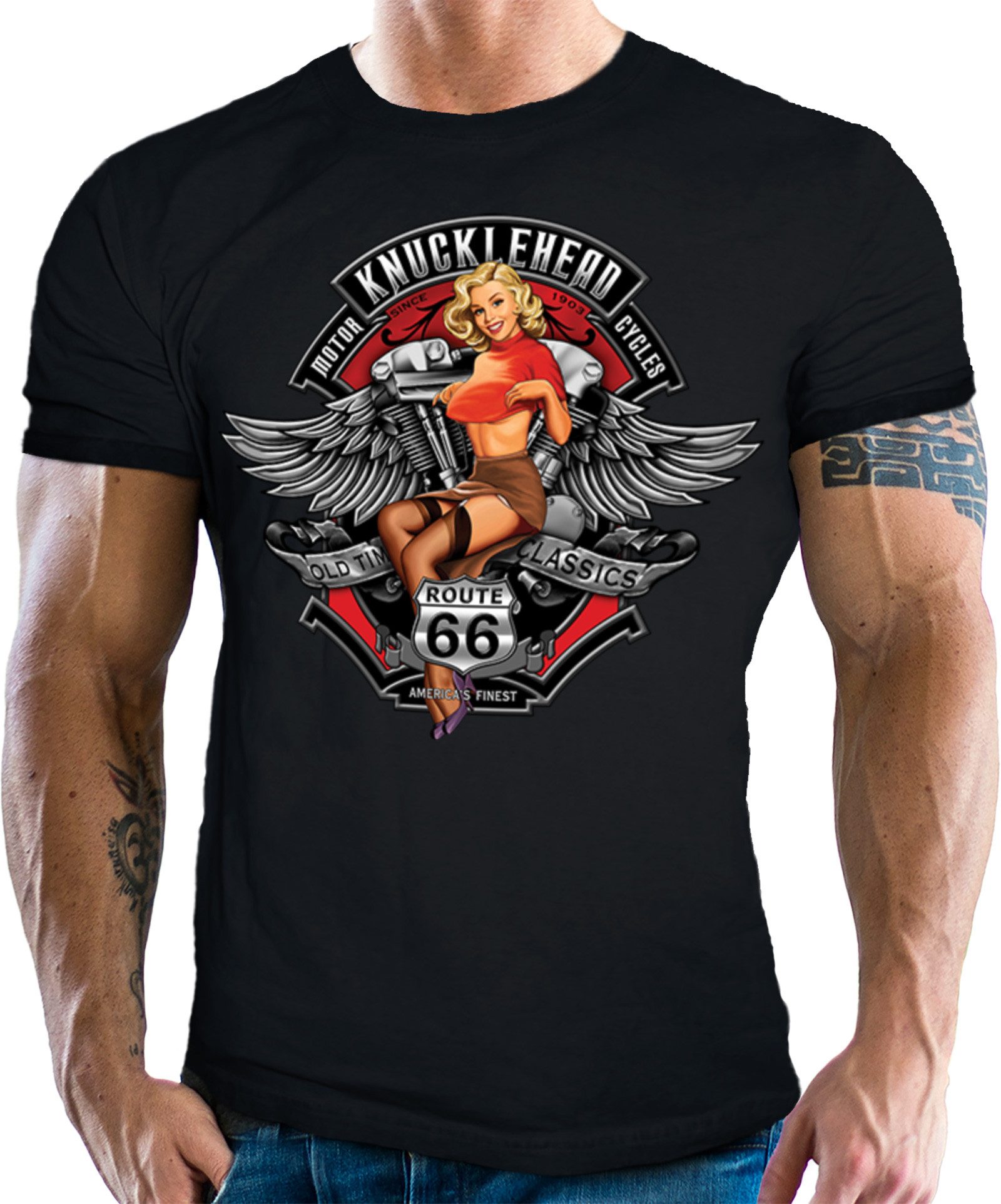 GASOLINE BANDIT® T-Shirt für Motorradfahrer und Biker: Knucklehead Pinup