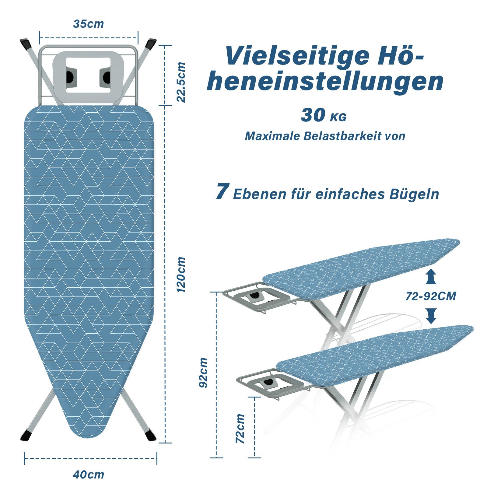 DEWINNER Bügelbrett XXL 120 × 45 cm klappbar höhenverstellbar, Bügelfläche 45x120 cm, Sicherheitsverschluss, Ablage f. Dampfbügeleisen – Bild 2 von 5
