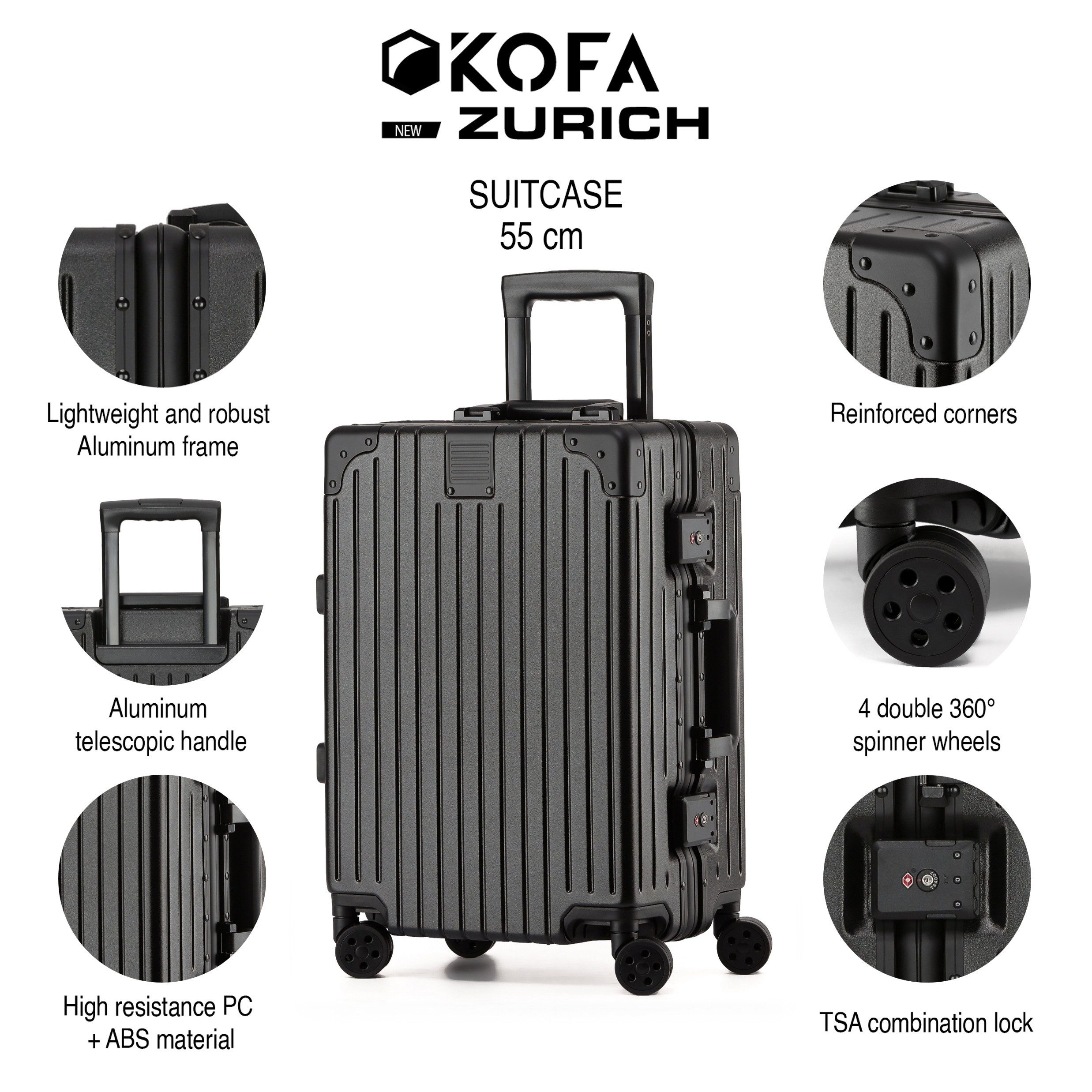 KOFA Handgepäckkoffer ZURICH, 55cm Alu-Rahmen & Polycarbonat-Hartschale, 4 Rollen, TSA Schloss