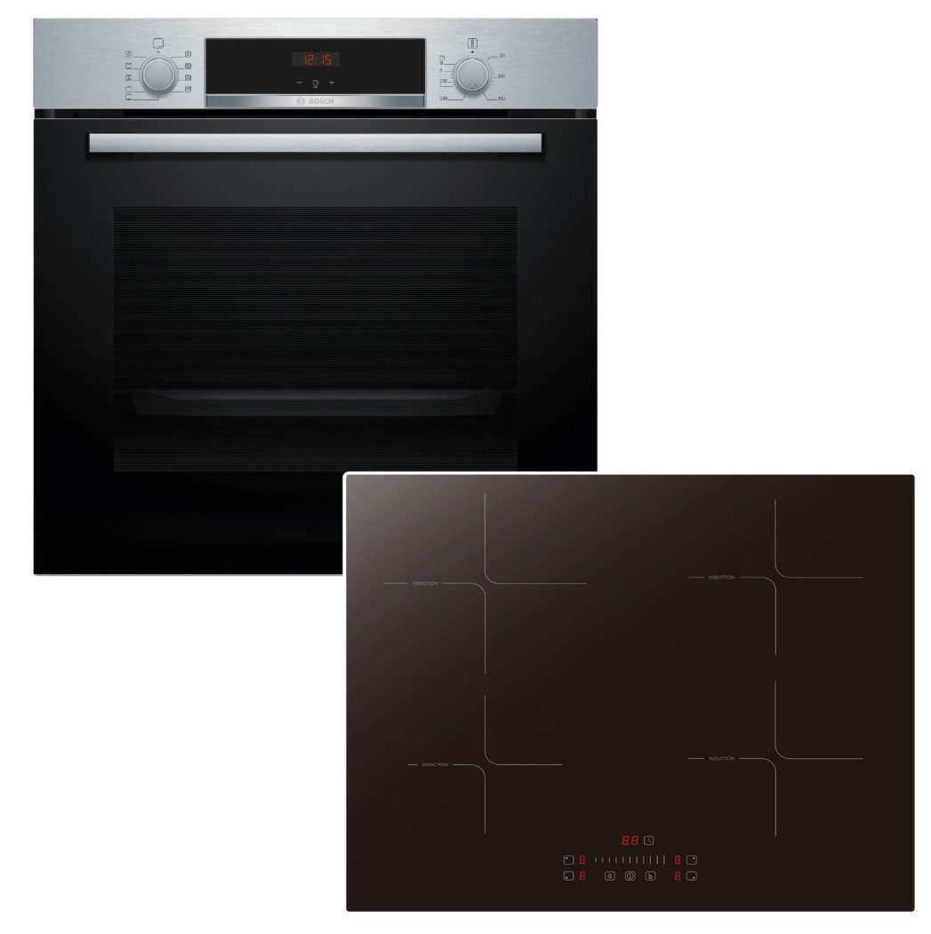 BOSCH Backofen-Set Backofen BOSCH 3D Heißluft Hydrolyse + Induktionskochfeld PKM Booster, mit 1-fach Teilauszug, Hydrolyse