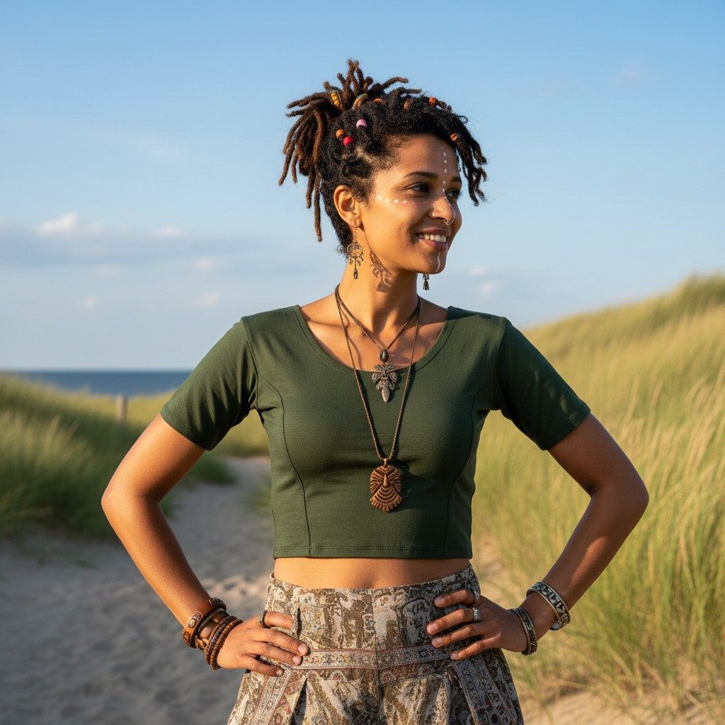 Guru-Shop T-Shirt Basic Yogatop, bauchfreies Choli Top - olivgrün Festival, günstig online kaufen