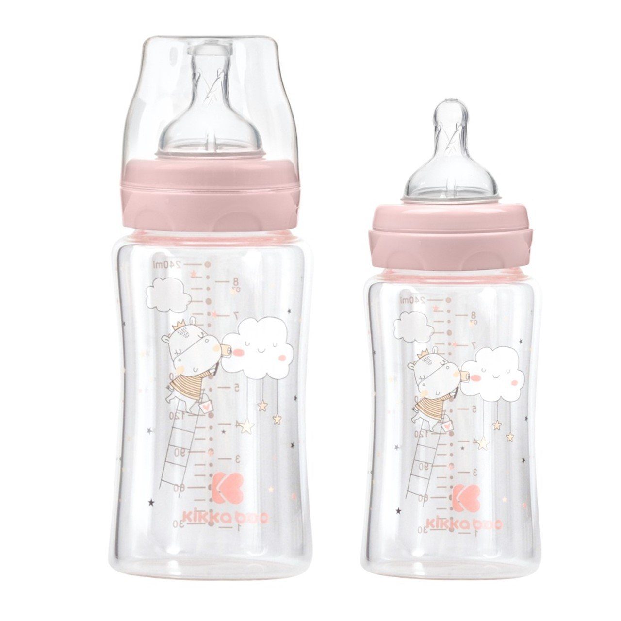240 rosa Glasflasche M Größe ml, Baby Deckel, Weithalsöffnung, Babyflasche Silikonsauger Kikkaboo