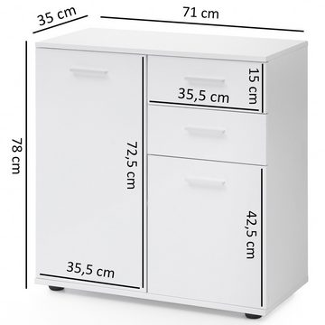 Wohnling Sideboard WL5.287 (mit Türen & Schubladen 71x78x35,5 cm Schrank Weiß), Kommode Modern, Anrichte Mehrzweckschrank Klein