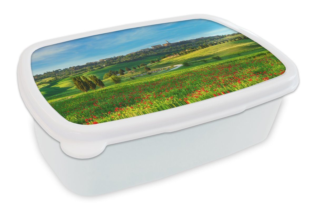 MuchoWow Lunchbox Toskana - Landschaft - Blumen, Kunststoff, (2-tlg), Brotbox für Kinder und Erwachsene, Brotdose, für Jungs und Mädchen weiß