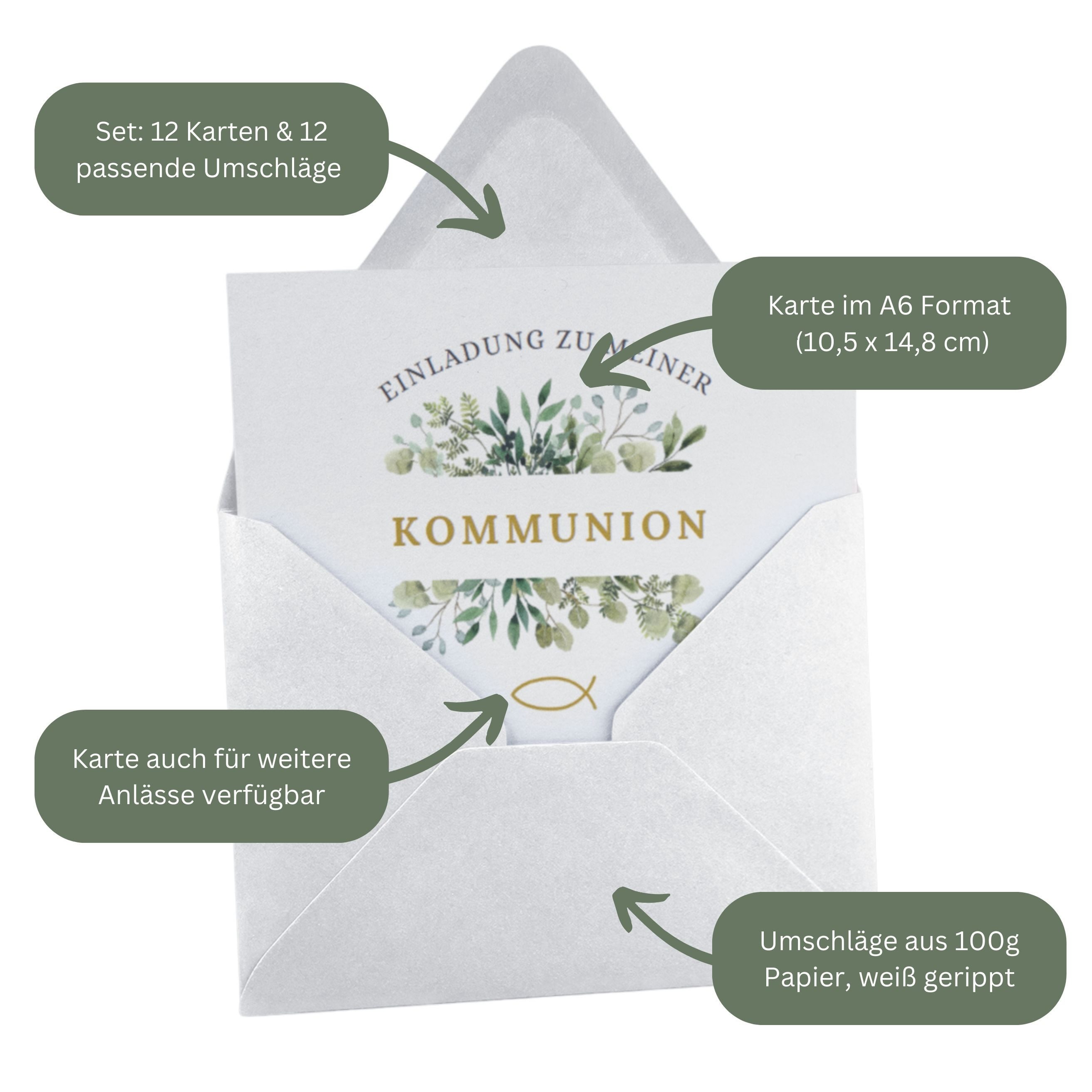 Briefzauber Einladungskarten 12x Einladungskarten Kommunion mit 12x Umschlägen & Einfüllhilfe