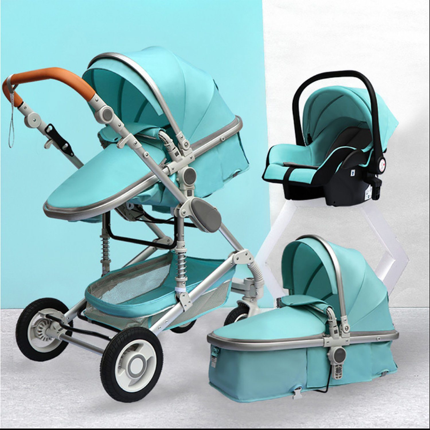 TPFLiving Kombi-Kinderwagen Babyschale Baby Buggy Babywanne 5-Punkt-Sicherheitsgurt Moskitonetz, Getränkehalter Kinderwagen 3 in 1 inkl. großem Zubehörset Grün