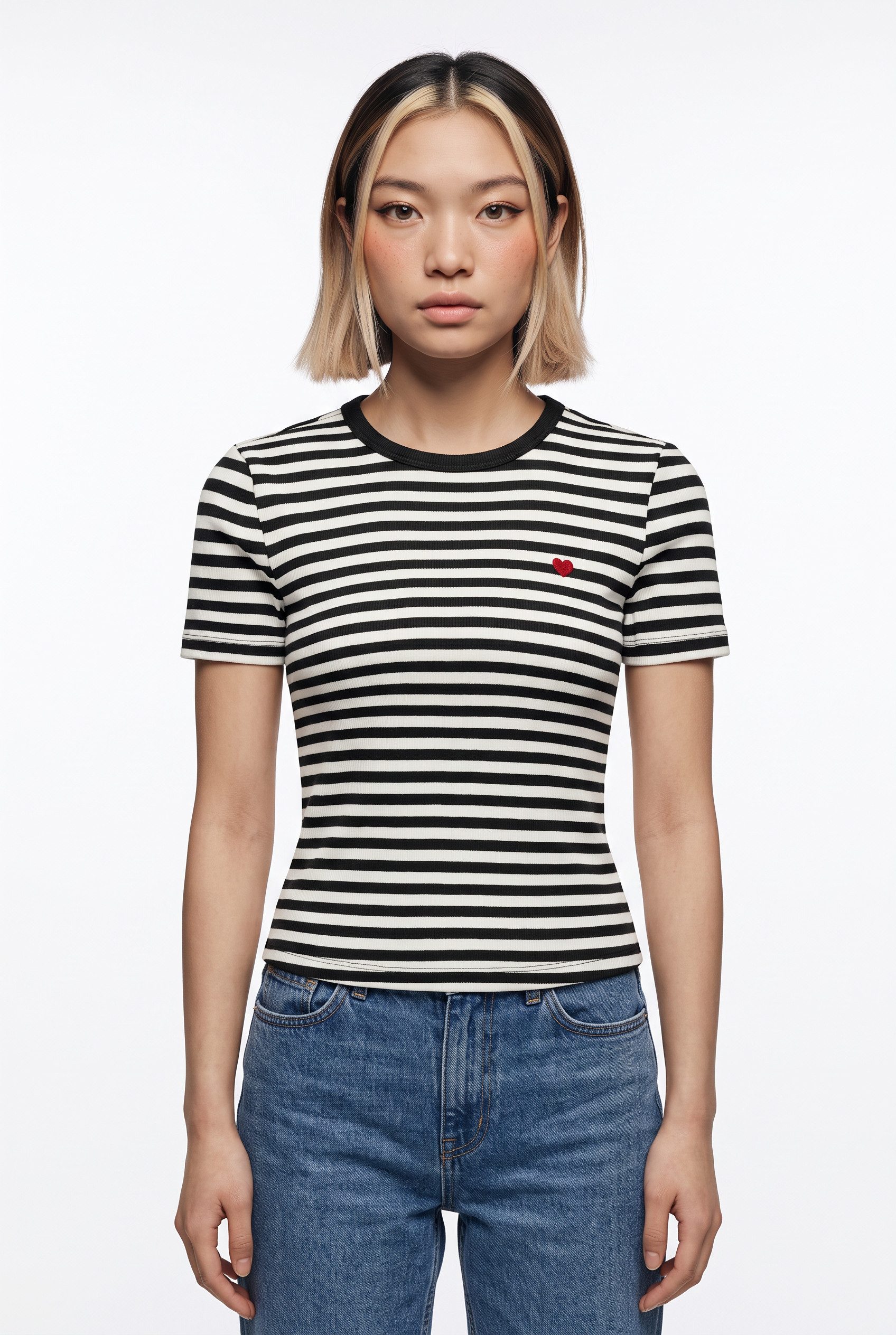 ONLY Kurzarmshirt ONLVAL S/S O-NECK STRIPE TOP JRS Baumwollmischung, regular fit, kleine Herz Stickerei