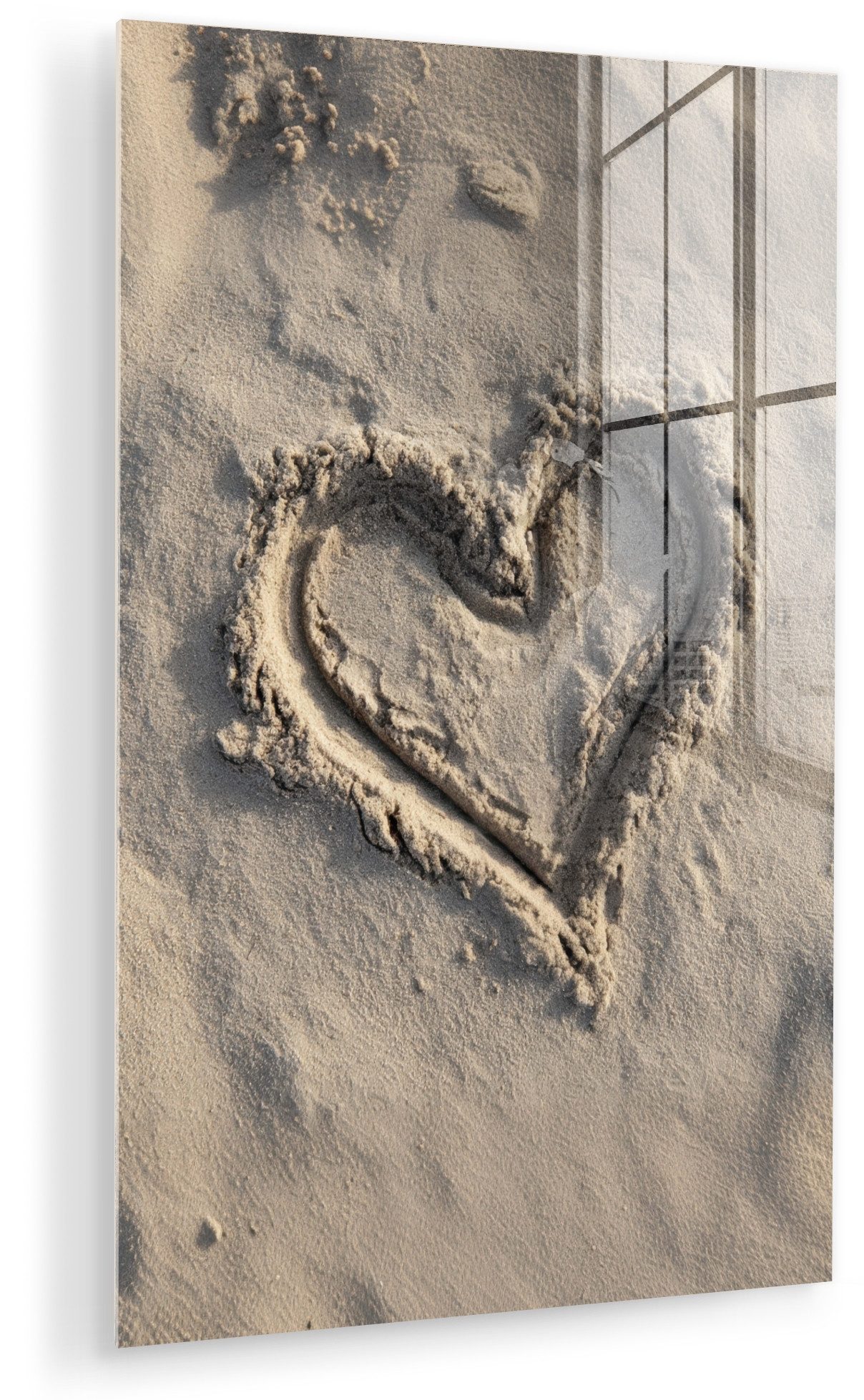 MuchoWow Acrylglasbild Herzform - Signiert - Beige - Sand, Inkl. Aufhängung, Dekorative Bild für Küche & Wohnzimmer auf Glas, 20x30 cm