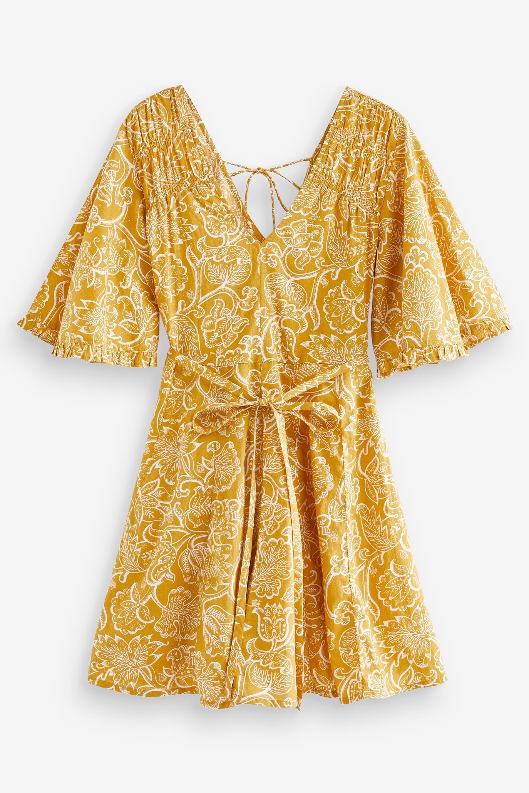 Next Minikleid Glitzer-Minikleid aus Baumwolle mit Flatterärmeln (1-tlg) Ochre Yellow Paisley Print