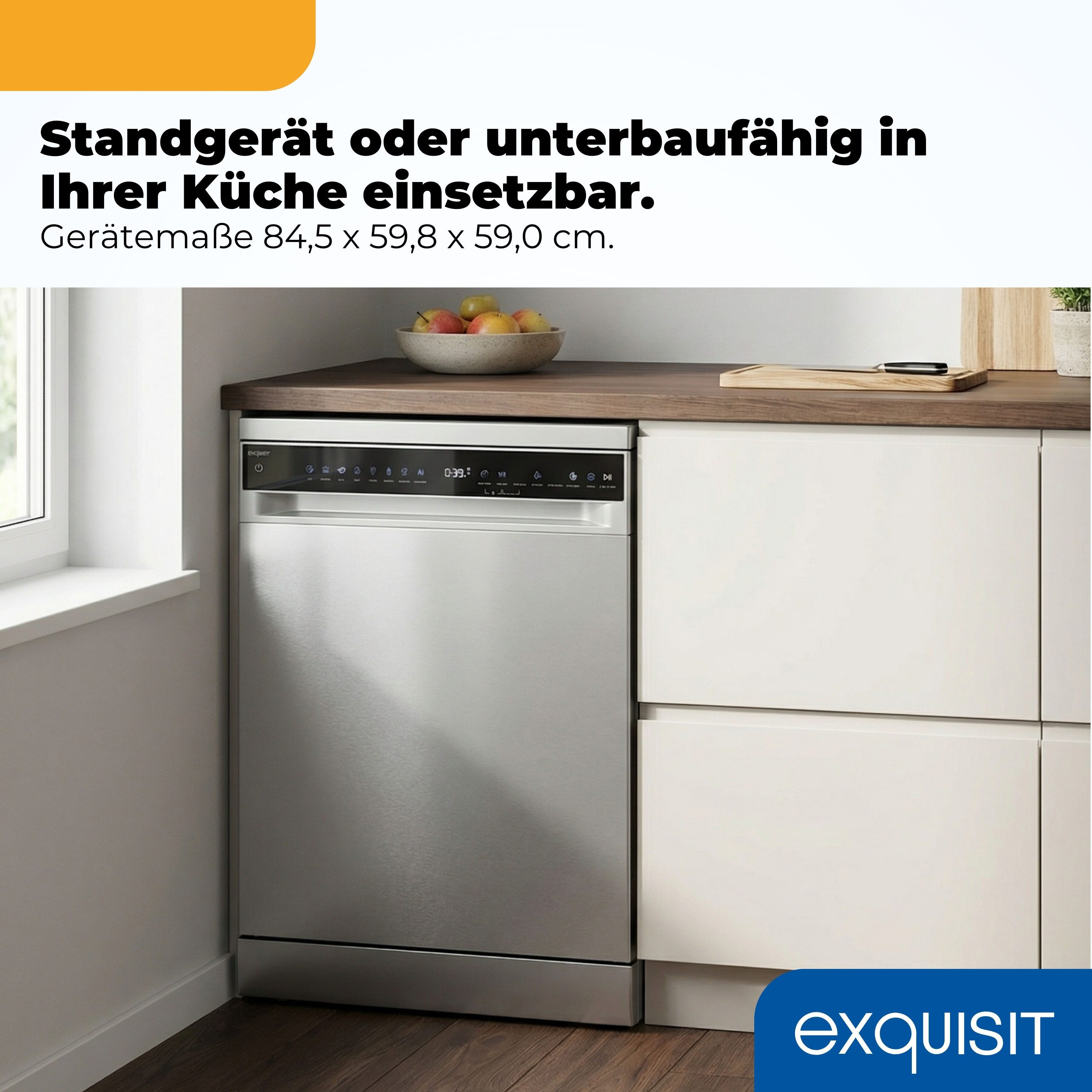 exquisit Standgeschirrspüler 9616 GSP9616-450B inox, 10,9 l, 16 Maßgedecke, 16 Maßgedecke & flüsterleise 44 dB – stark und angenehm ruhig