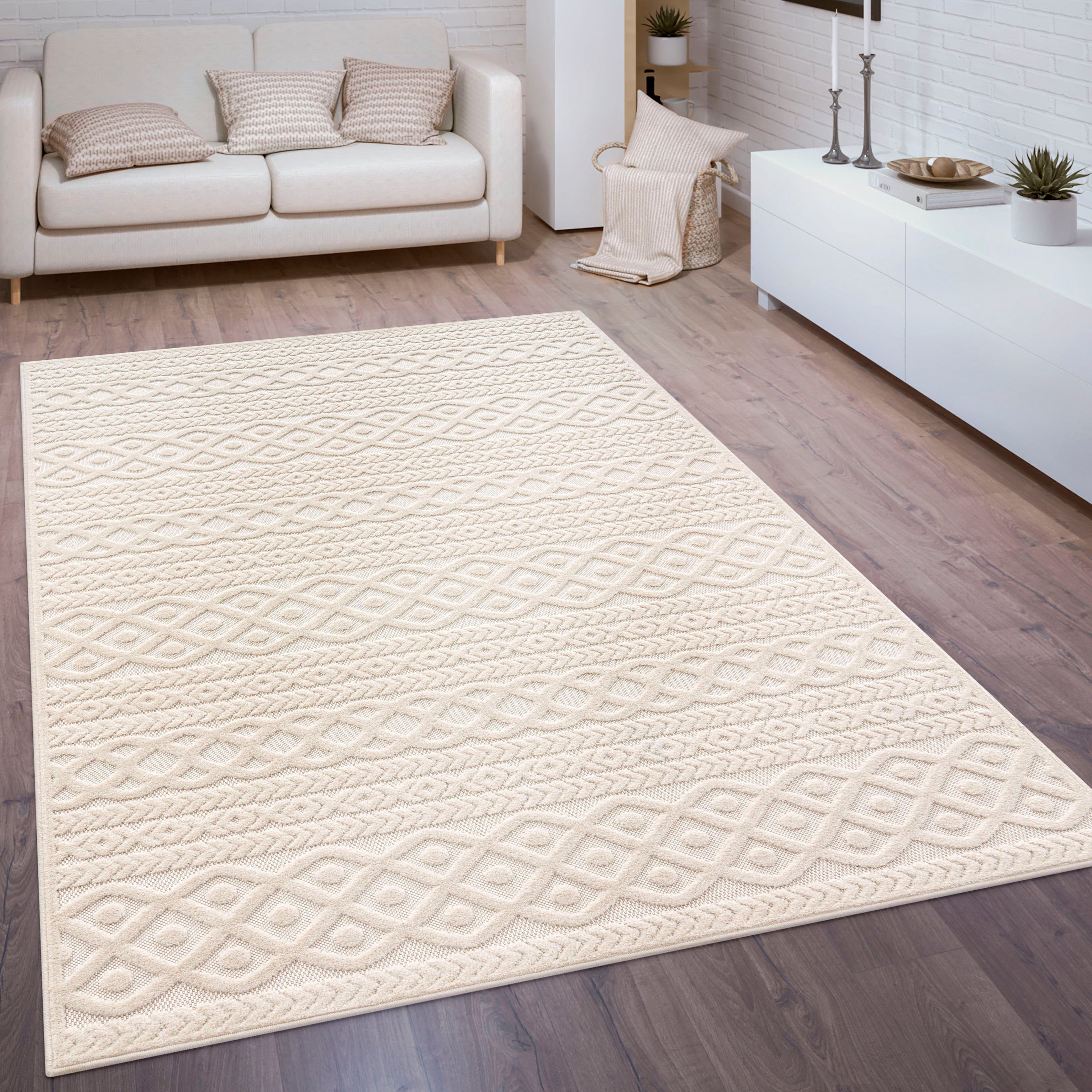 Teppich Cotton 231, Paco Home, rechteckig, Höhe: 10 mm, Uni-Farben, Hoch-Tief Effekt, boho, In- und Outdoor geeignet