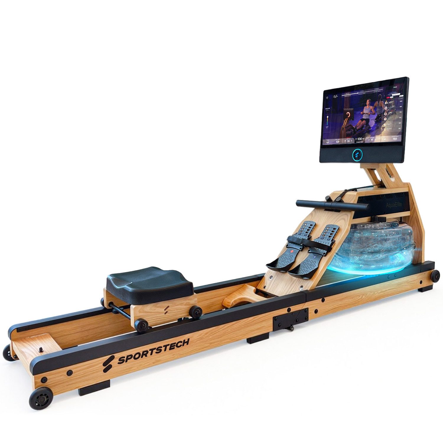 Sportstech Rudergerät AquaElite Wasserrudergerät, LED, App-Konnektivität, klappbar, 21,5" HD-Display