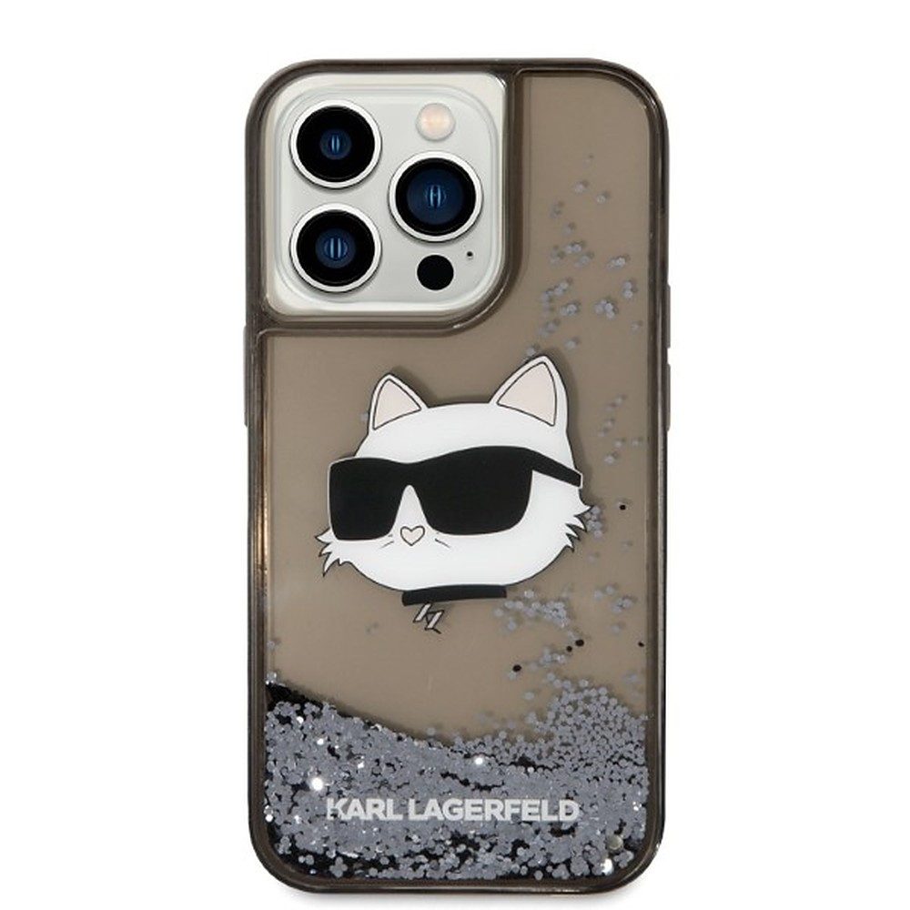 KARL LAGERFELD Handyhülle Schutzhülle Glitzerhülle Rückschale 6,1 Zoll, Flüssigglitzer, Choupette-Motiv, TPU/PC-Hartschale
