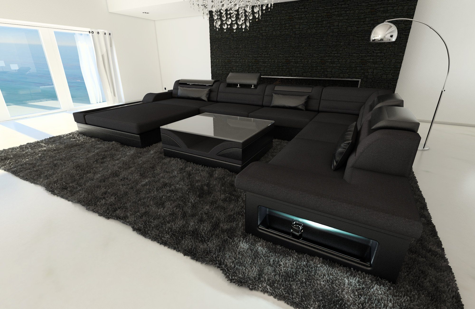 Mezzo Polster U Dreams Schwarz-Schwarz Stoffsofa Bettfunktion Couch, als XXL mit C33 Sofa Form wahlweise Schlafsofa, Sofa Designersofa mit LED, Wohnlandschaft Stoff