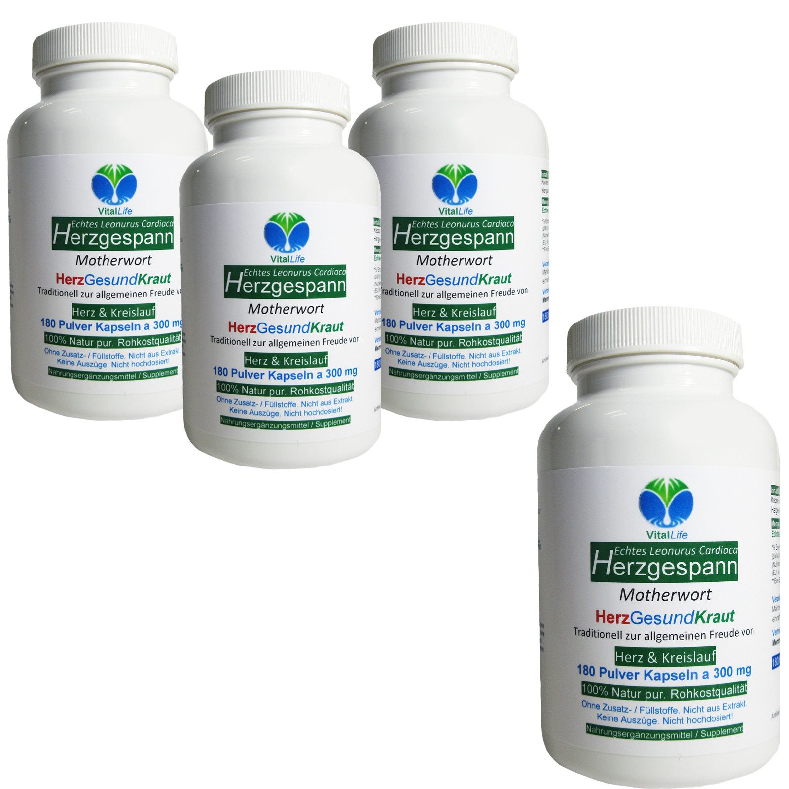 VitalLife Echtes Herzgespannkraut Herzgepann nach Hildegard von Bingen Kapseln, 4 er Dose à 180 St., 216 g