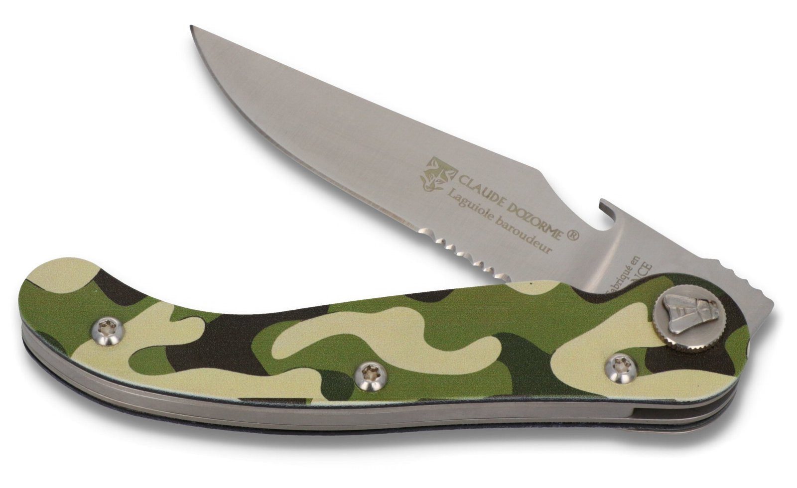 Claude Dozorme Taschenmesser 6.10.171.CAM, Laguiole Baroudeur - Griff 12cm Alu Camouflage-Optik - Gürtelclip