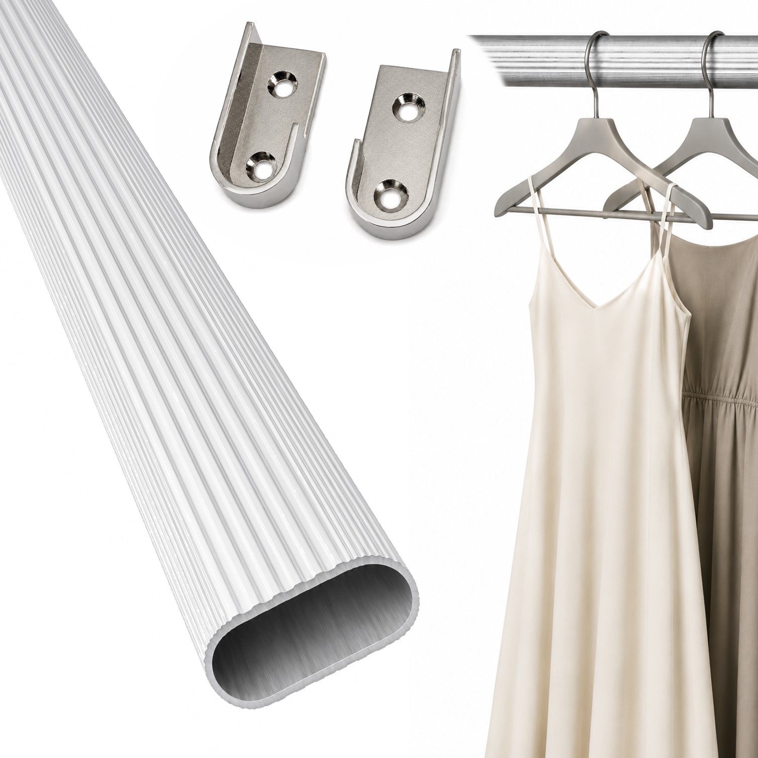 HOOZ Kleiderstange Garderobenstange 50 cm Oval Aluminium inkl. Halter Silber 1er (Einzelprodukt, 1 St., 1 Schrankrohr inkl. 2 Halter), Individuell kürzbar, geschliffene Rohrkanten, stabile Metallhalter
