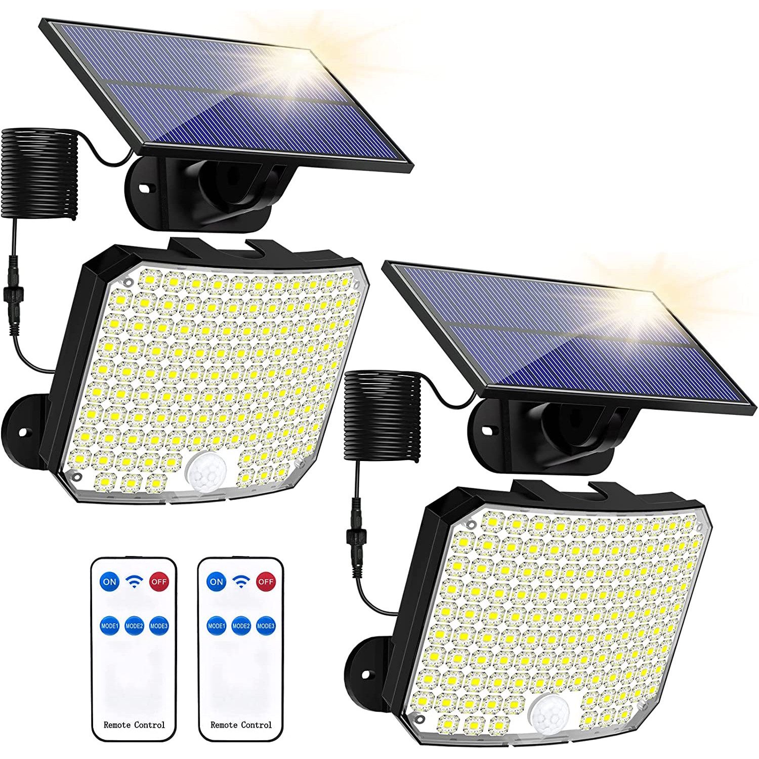 LMaxhome LED Solarleuchte Solarlampen Mit Fernbedienung&Bewegungsmelder Wasserdichte für Garten, 2 St., 118 LEDs, 6000K, 600LM, 3 Modi, Sensor-120°, LED fest integriert Außen