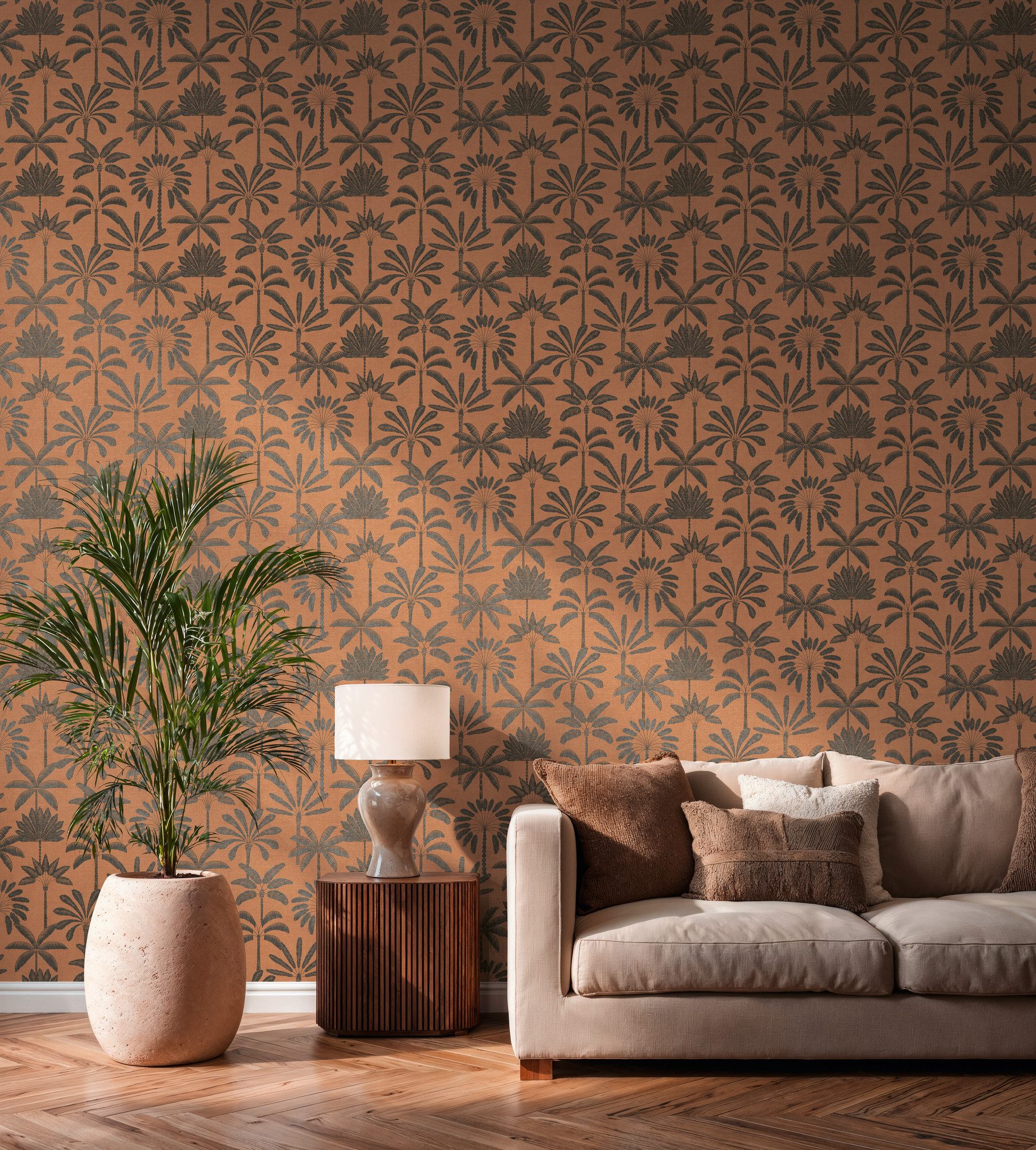 A.S. Création Vliestapete Cuba II Palmen Silhouette, leicht strukturiert, floral, tropisch, Retro, Stilisiertes Palmenmotiv mit dekorativer, ruhiger Ausstrahlung