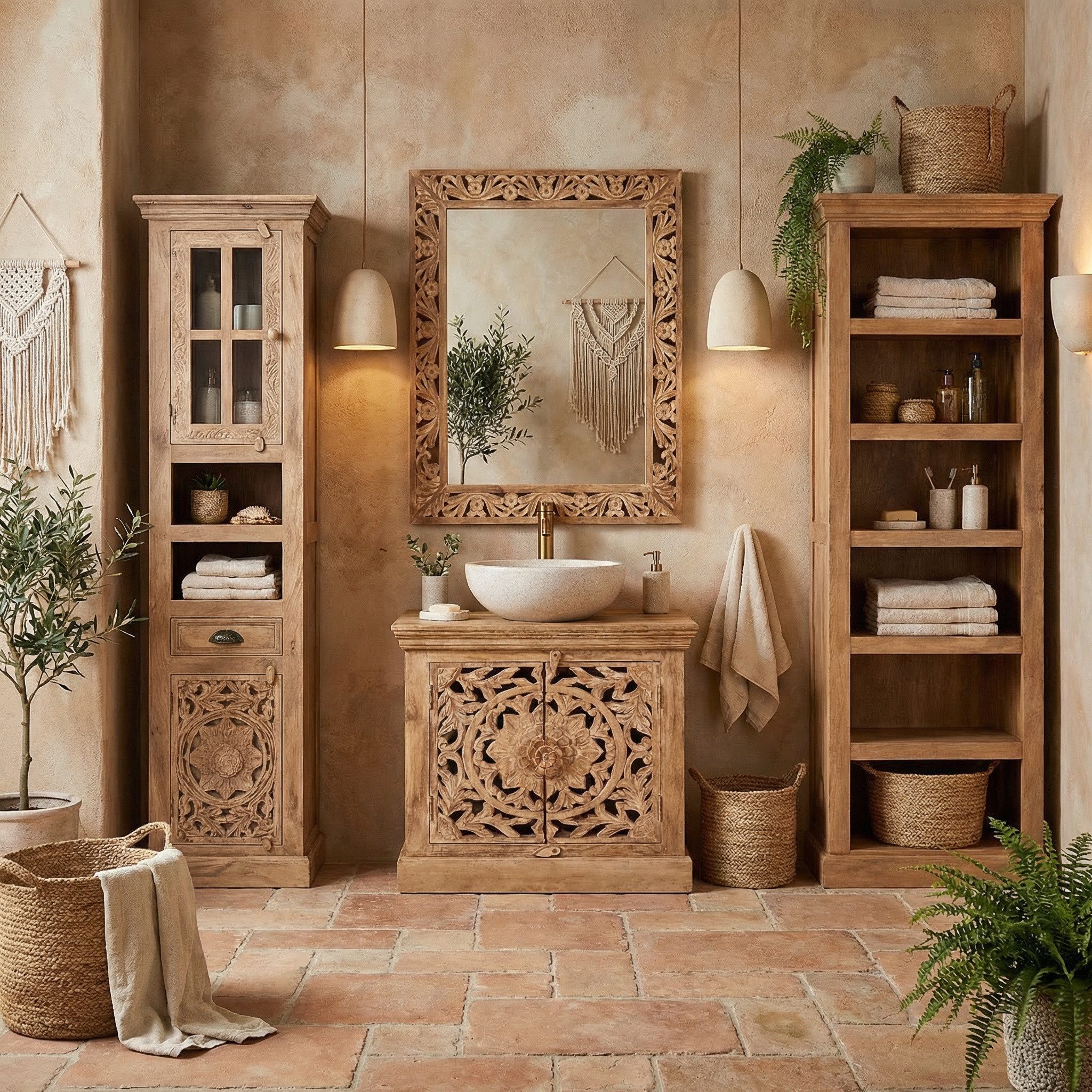 Marrakesch Orient & Mediterran Interior Wandspiegel Wandspiegel Kirpal Natur orientalisch Massivholz 79cm (1-St), Handarbeit