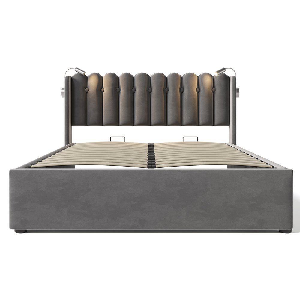Polsterbett (Hydraulisches Stauraumbett mit Lattenrost), Doppelbett 160x200cm mit Leselicht, Ladefunktion, Samt, inkl. Matratze
