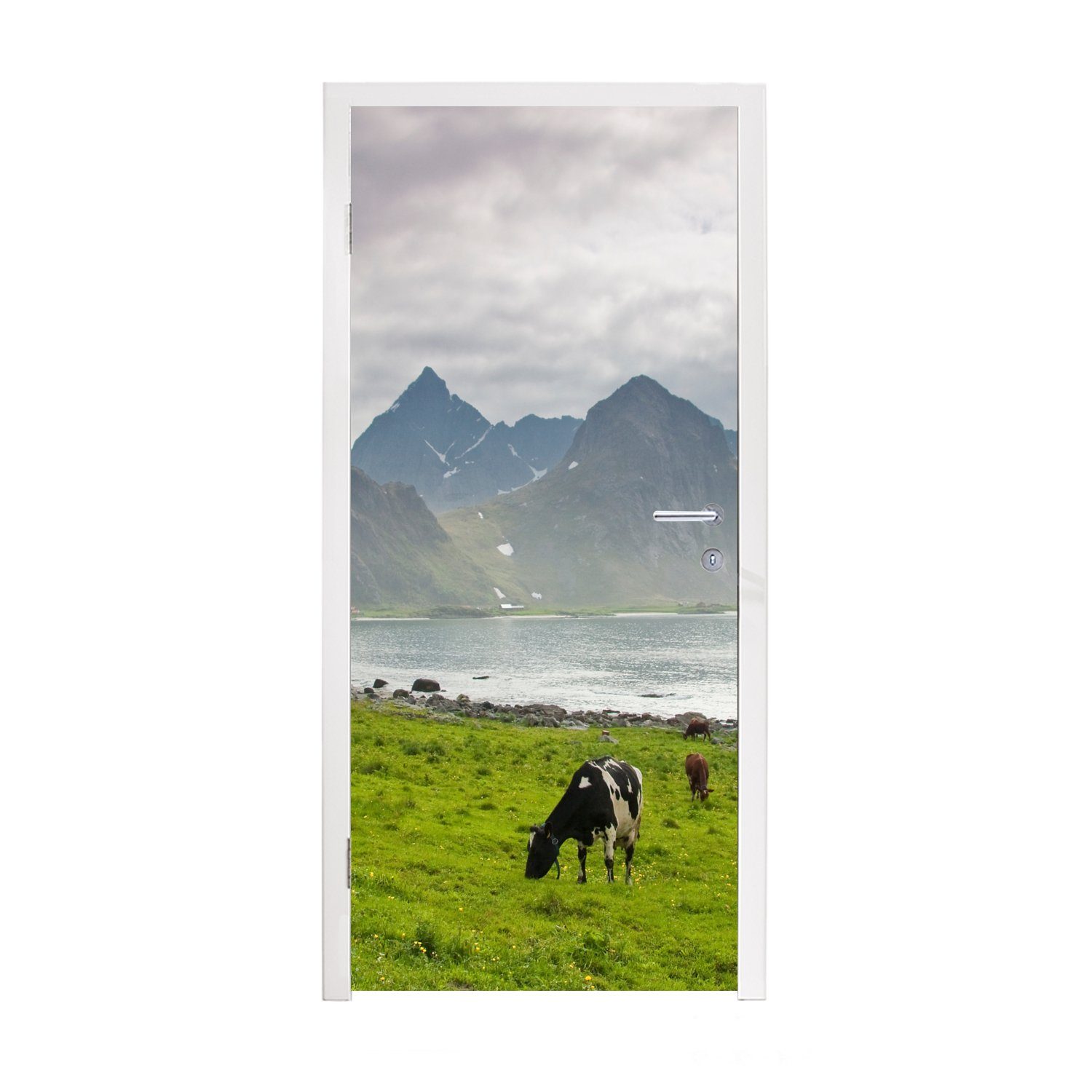 MuchoWow Türtapete Kuh - Berg - Meer, Matt, bedruckt, (1 St), Fototapete für Tür, Türaufkleber, 75x205 cm