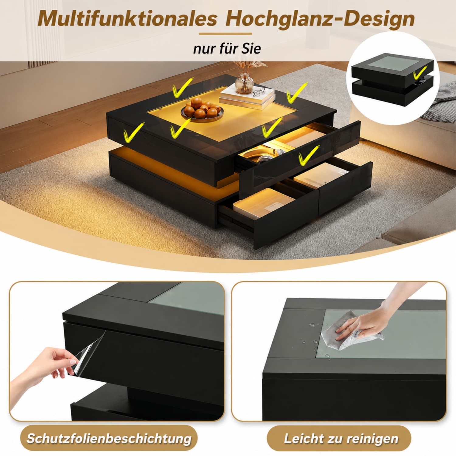 ANYSUN Couchtisch Hochglanz Sofatisch mit 3 Schubladen,Rundum-LED-Beleuchtung,Glasplatte (1 Beistelltisch für Wohnzimmer,Schwarz,Belastbarkeit bis 30 kg), Quadr – Bild 5 von 5
