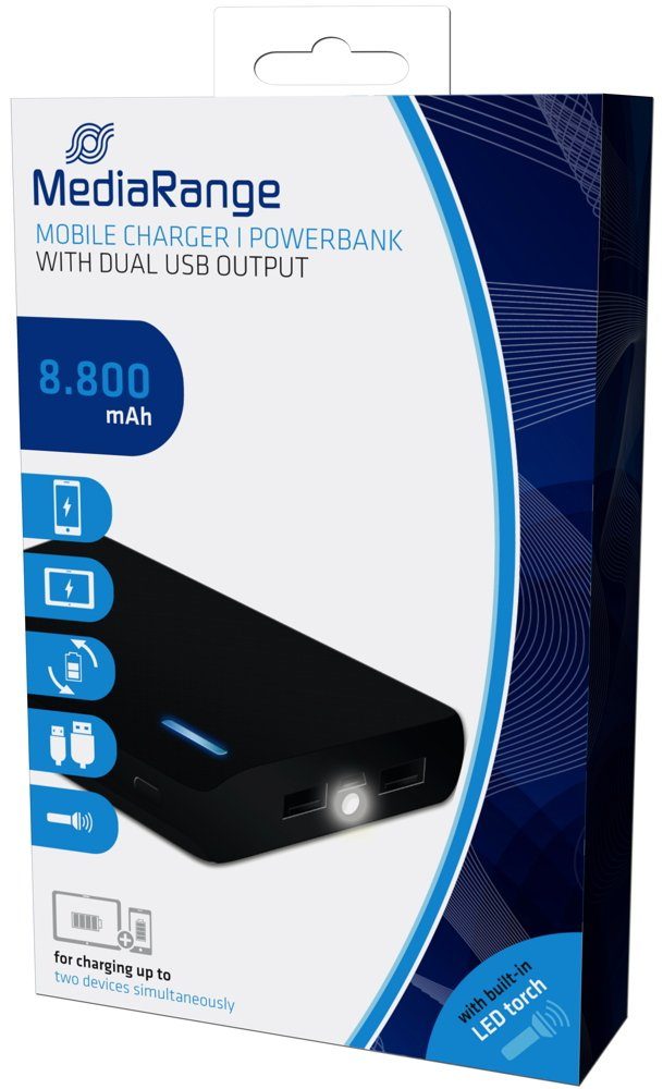 Mediarange Powerbank mobile Ladestation 8800 mAh Ladegerät 2x USB OUT schwarz Powerbank