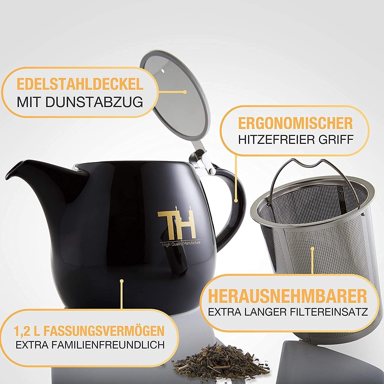Thiru Teekanne mit Stövchen Porzellan, inkl. Edelstahl Siebeinsatz, 1.2 l, (Hitzebeständiges Porzellan aus Handarbeit), Innovative Mundform für leichtes Ausschenken