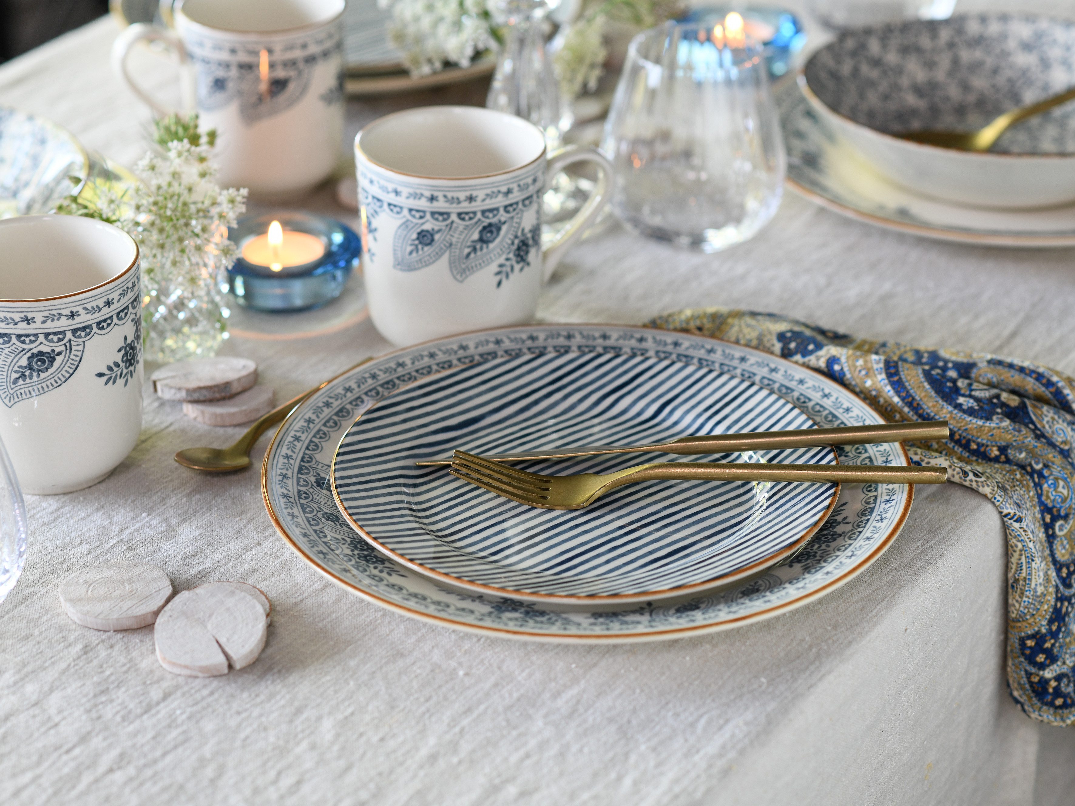 CreaTable Kombiservice Euböa, Kombi-Service 16-tlg (16-tlg), 4 Personen, Steingut, Blaue Motive