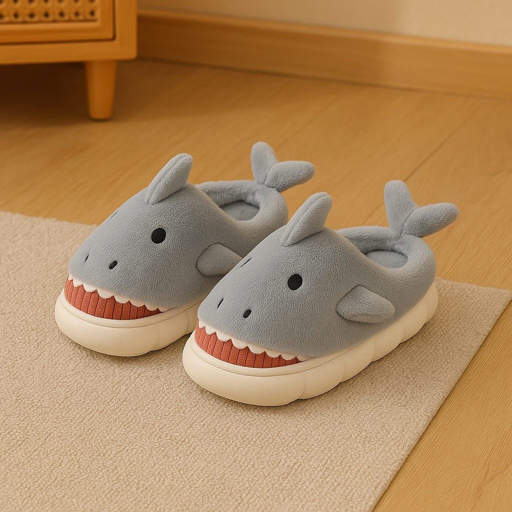 Corimori Flauschige Haifisch Pantoffeln Plüsch Hausschuhe (Packung, Geschenk) rutschfeste Sohle & weiches Innenfutter, Hai Slipper, EU Größe 38-39