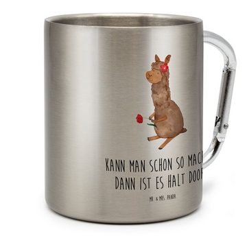 Mr. & Mrs. Panda Tasse Alpaka Blume - Transparent - Geschenk, Lamas, Lama, Tasse, Becher, Al, Edelstahl, Karabinerhaken