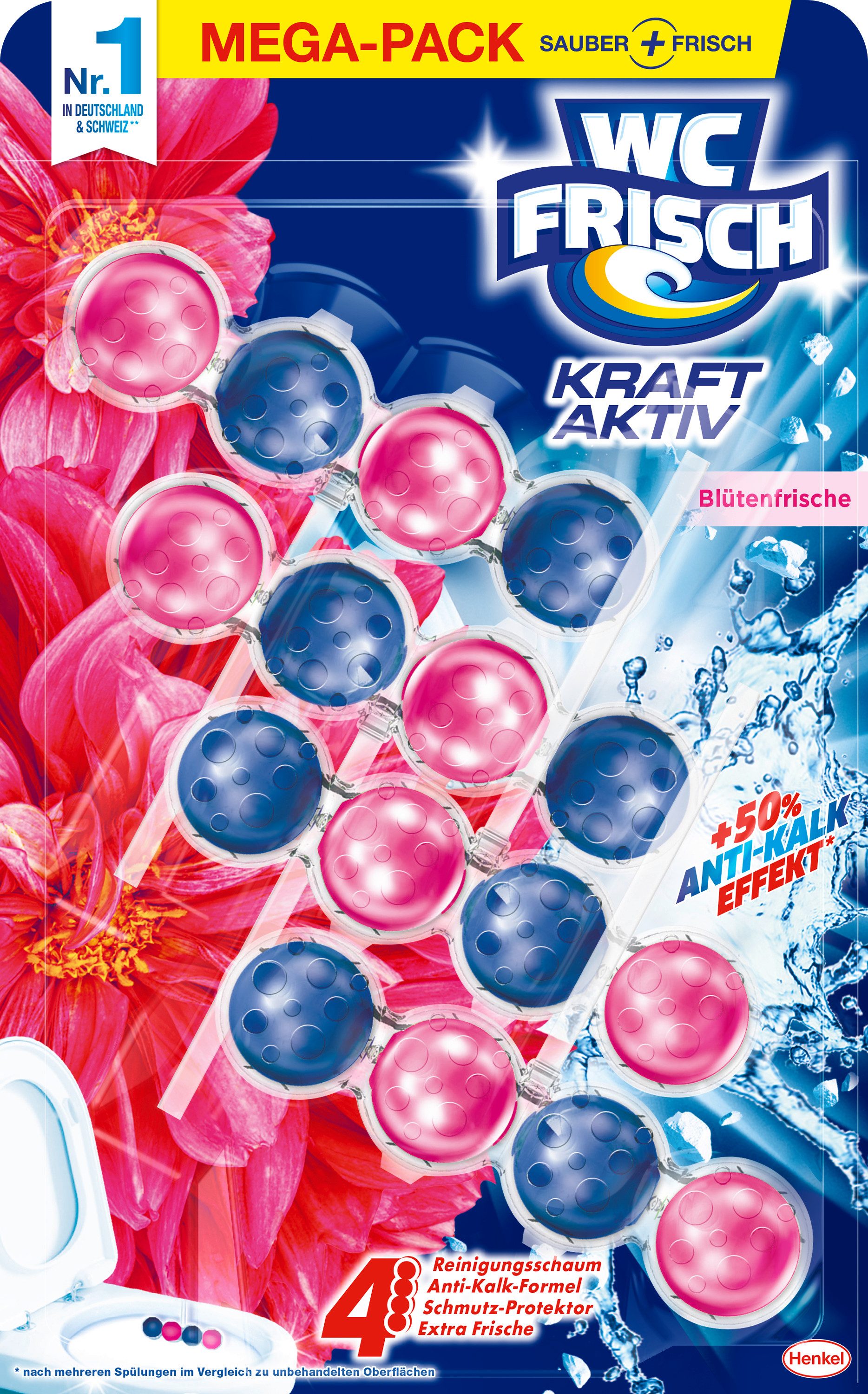 WC Frisch WC FRISCH Duftspüler Blüten-Frische 200g Kraft Aktiv WC-Reiniger (Mega-Pack, [4-St. Duftsteine für langanhaltend frischen Duft 50% Anti-Kalk Effekt)