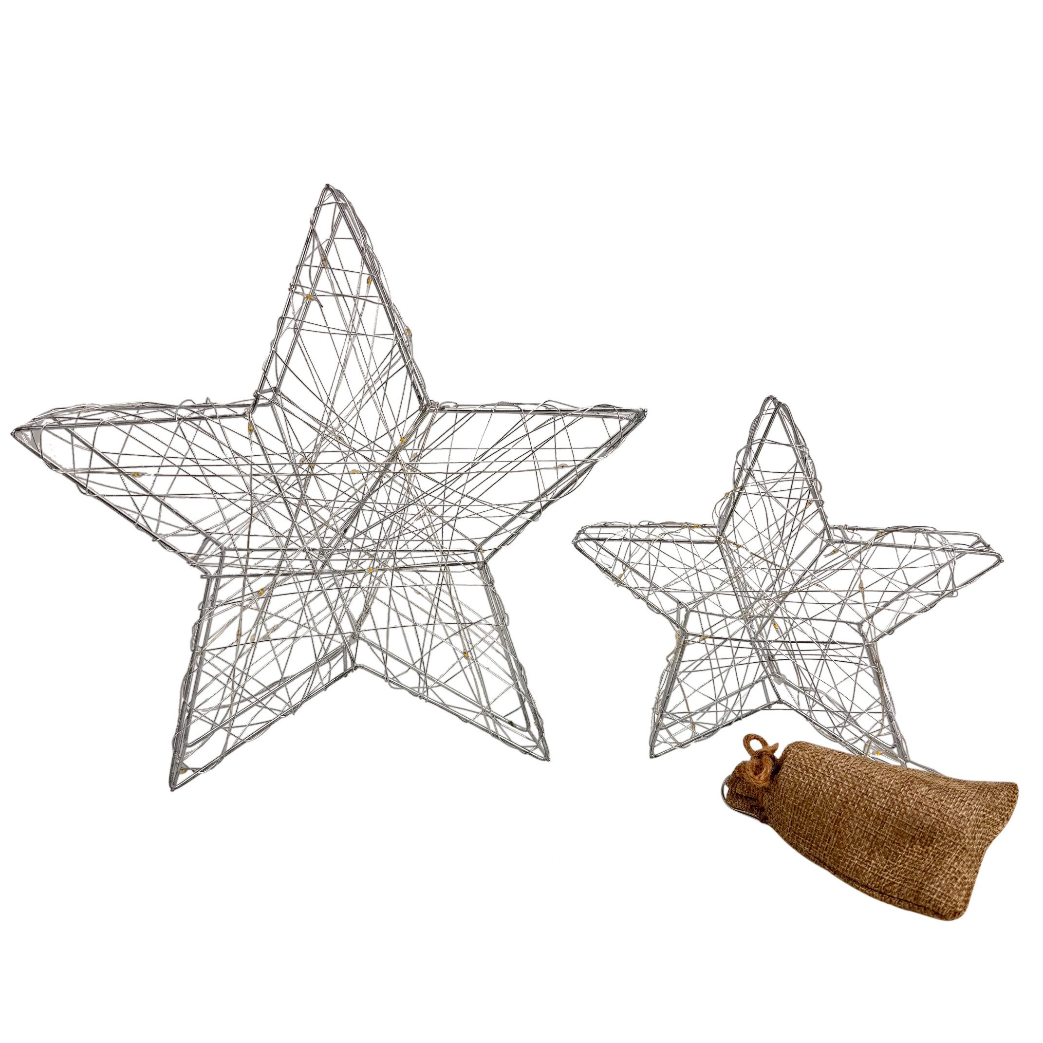 Online-Fuchs LED Dekoobjekt 2 Sterne mit LEDs beleuchtet und 6-Stunden Timer - Weihnachtsdeko, Lichterkette mit 15 und 30 LEDs, warmweiß beleuchtet, schlichte und moderne Weihnachtsdekoration zum Hinstellen